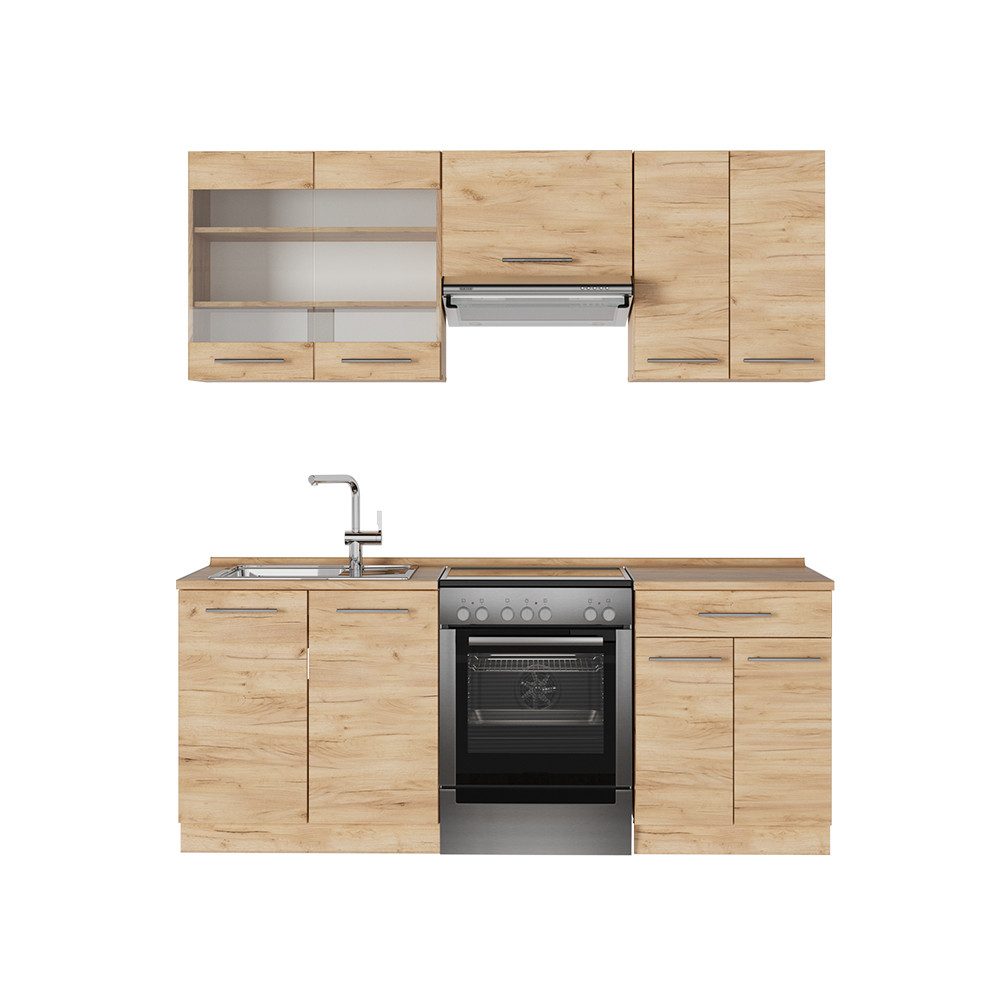 Vicco Küchenzeile Fame-Line, Goldkraft Eiche/Goldkraft Eiche, 200 cm ohne Arbeitsplatte