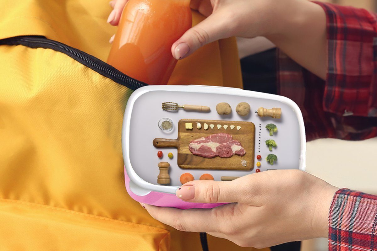 MuchoWow Lunchbox Erwachsene, Schneidebrett, (2-tlg), Rindfleisch Kunststoff, einem rosa Snackbox, Kunststoff Kinder, für auf Brotdose Mädchen, Brotbox Gegrilltes