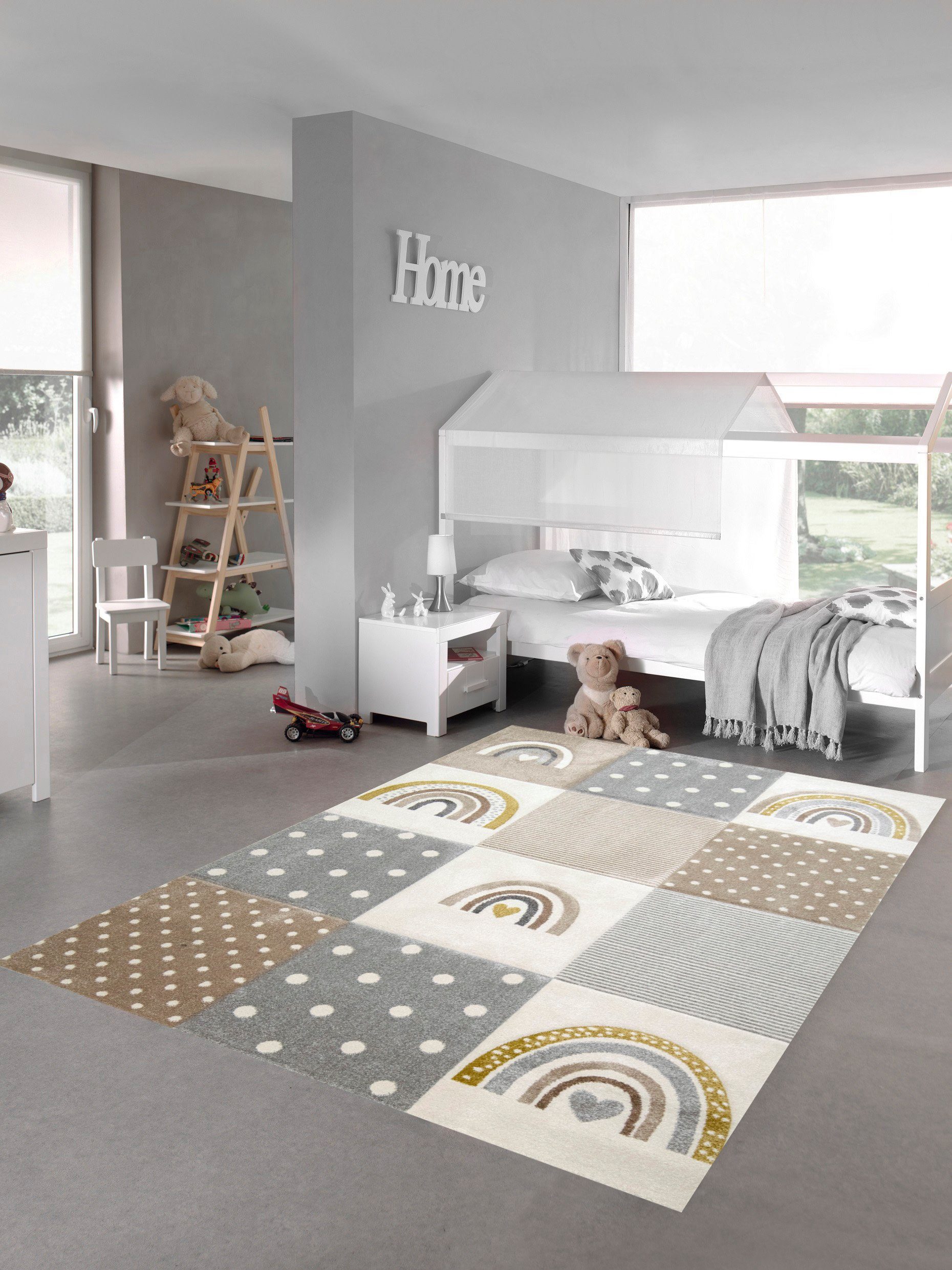 Kinderteppich Kinderzimmer Teppich Spielteppich Regenbogen Punkte Herzchen beige grau creme, Teppich-Traum, rechteckig, Höhe: 13 mm