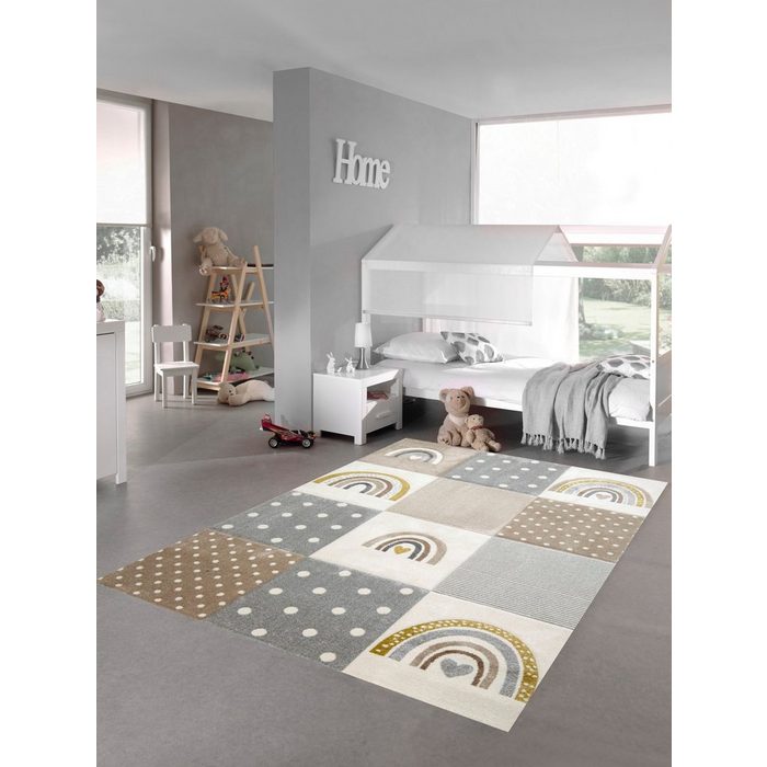 Kinderteppich Kinderzimmer Teppich Spielteppich Regenbogen Punkte Herzchen beige grau creme Teppich-Traum rechteckig Höhe: 13 mm