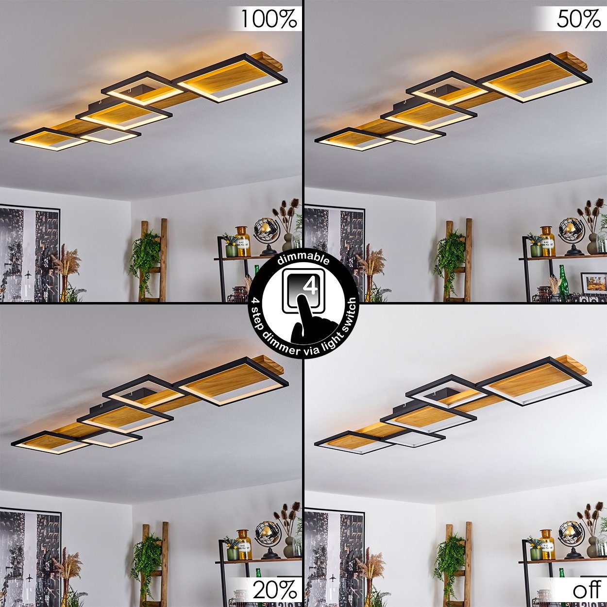 Lumen LED, »Palermo« Metall/Holz/Kunststoff, 3000 über dimmbare hofstein 5700 dimmbar, herkömmlichen Lichtschalter Deckenleuchte Deckenlampe, Kelvin, Schwarz/Natur,