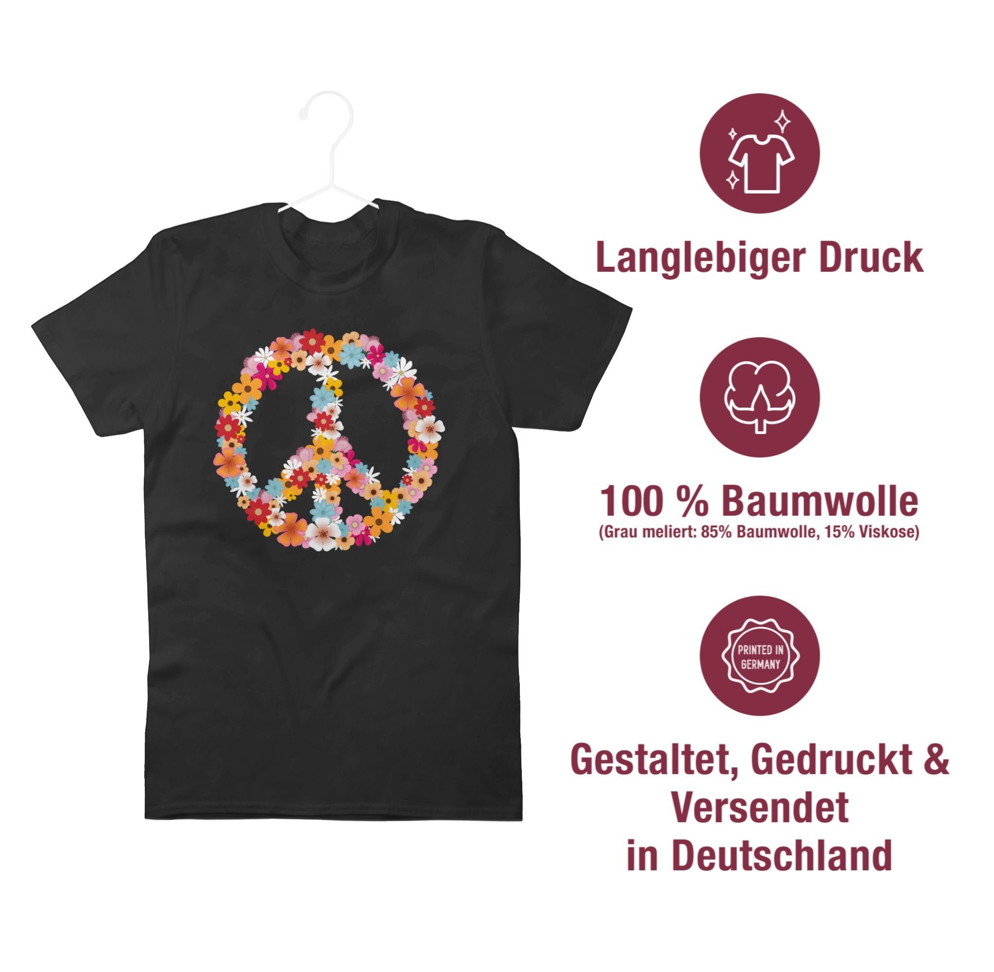 Schwarz T-Shirt Statement Sprüche Peace Hippie - Flower Peace Power 01 70er Zeichen Shirtracer 90er Friedenszeichen