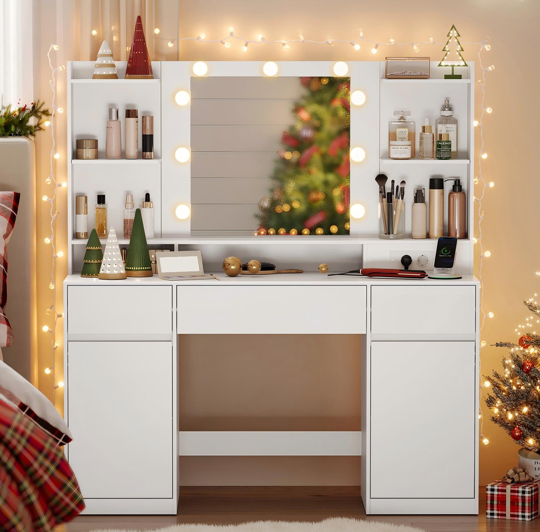 Schminktisch mit Зеркало und LED-Leuchten, Steckdosenleiste, Schubladen