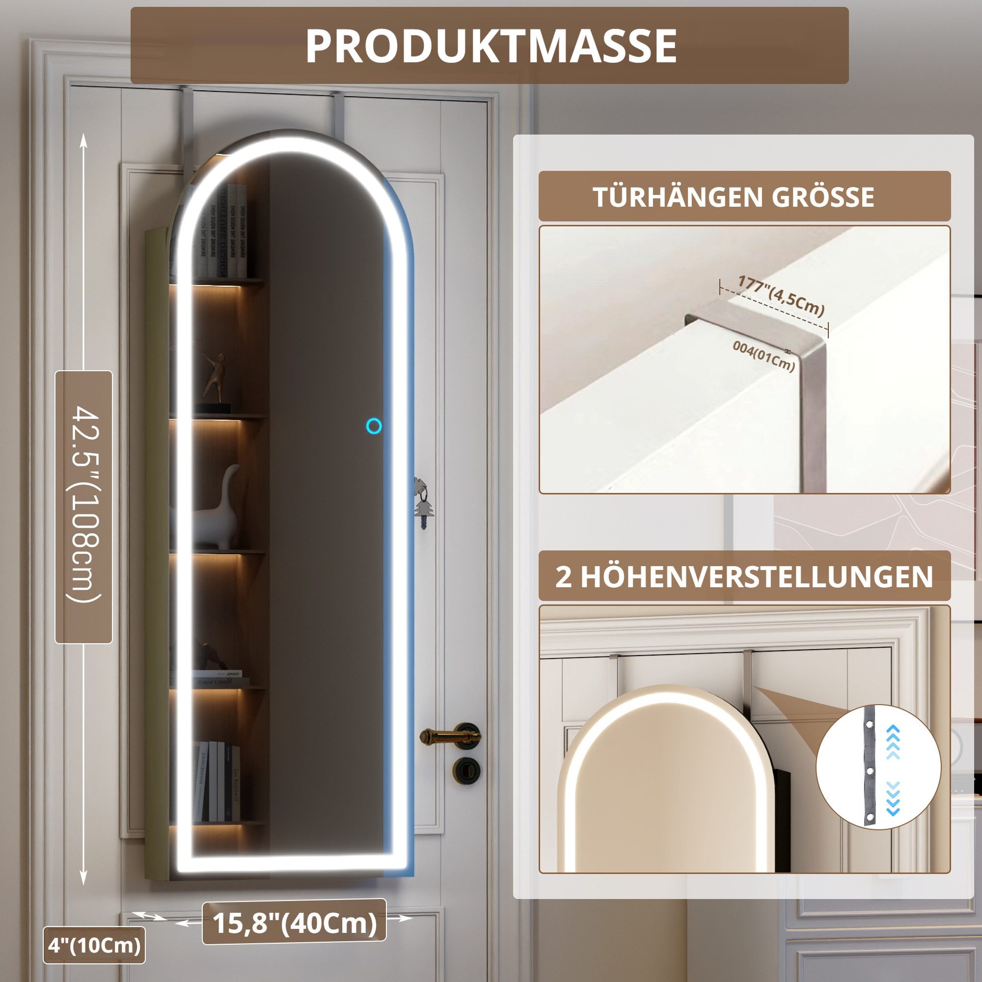LVSOMT Schmuckschrank mit 3 Farben Licht, aus MDF, explosionssicherem Glas und Samt (1-St) mit Make-up-Spiegel, 108×40cm, grün – Bild 3 von 5