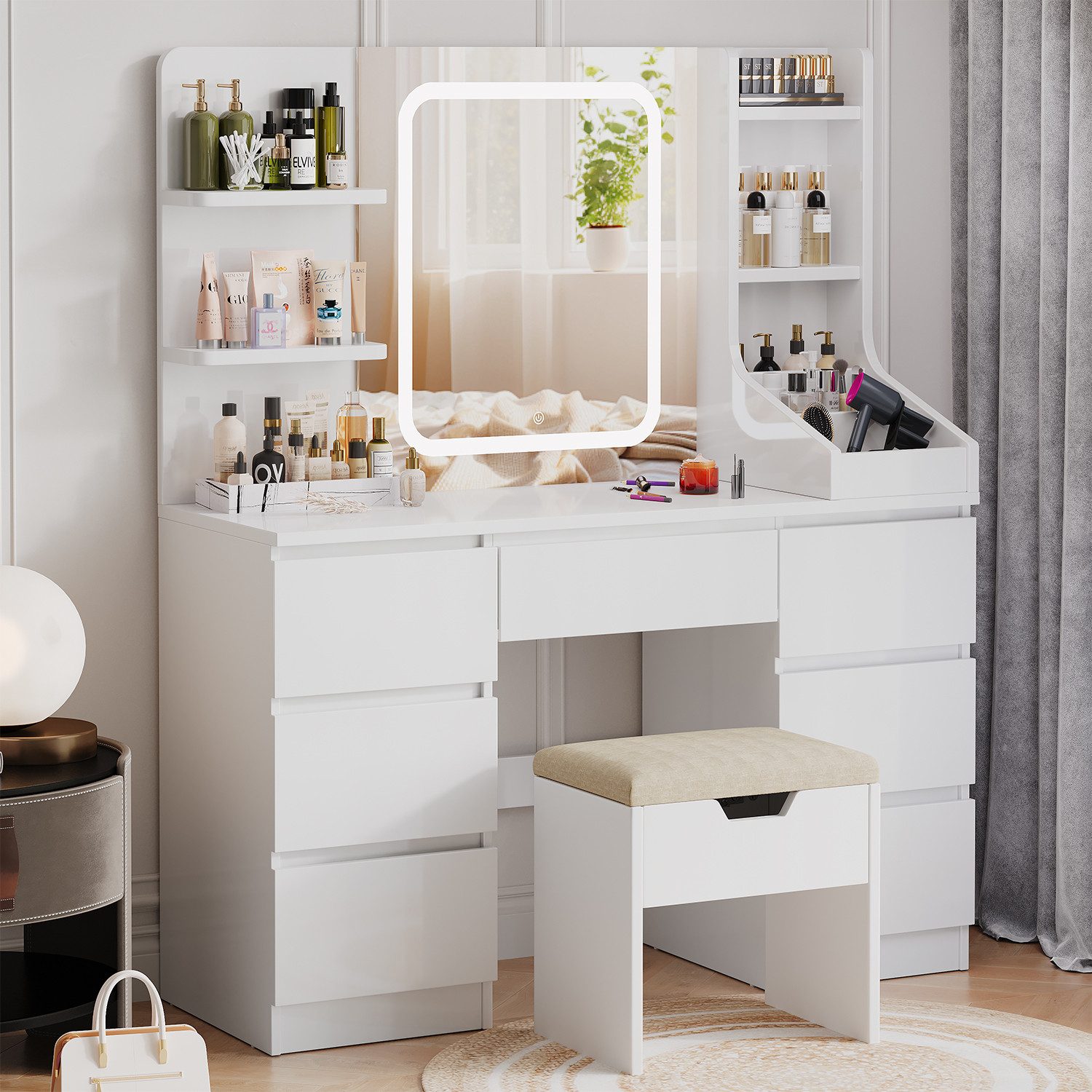 HOMALL Schminktisch Schminktisch mit Spiegel und LED Mit 7 Schubladen und 8 günstig online kaufen