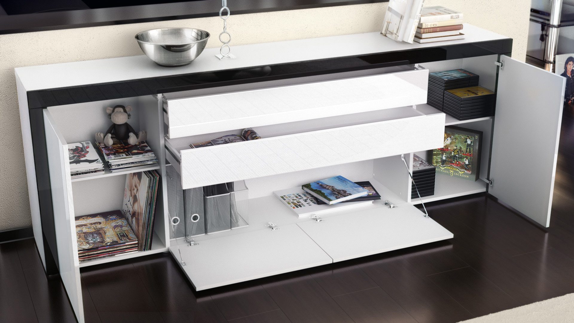 Vladon Sideboard La Paz V2 (Kommode mit 2 Türen, 2 Schubkästen und 2 Klappen, Korpus Weiß matt), Front Creme Hochglanz & Weiß Hochglanz (200 x 72 x 35 cm)