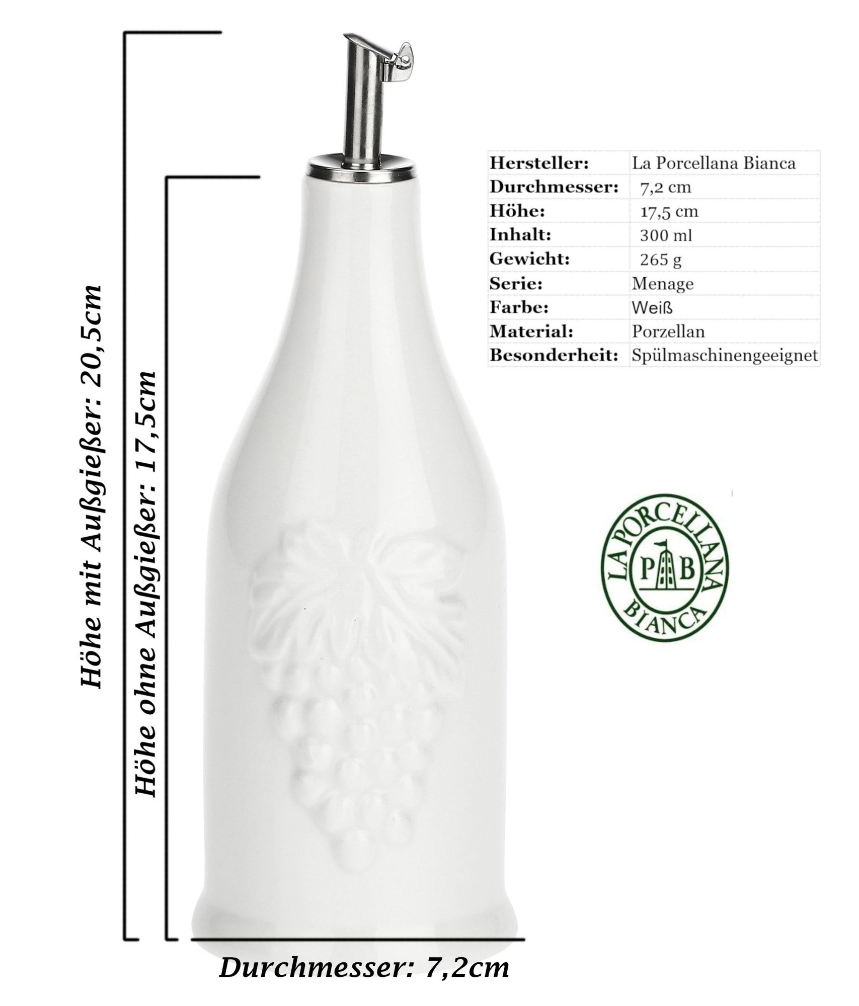La Porcellana Bianca Essigspender Essigflasche mit Edelstahl Ausgießer Porzellan 300 ml Menage, (2-tlg)
