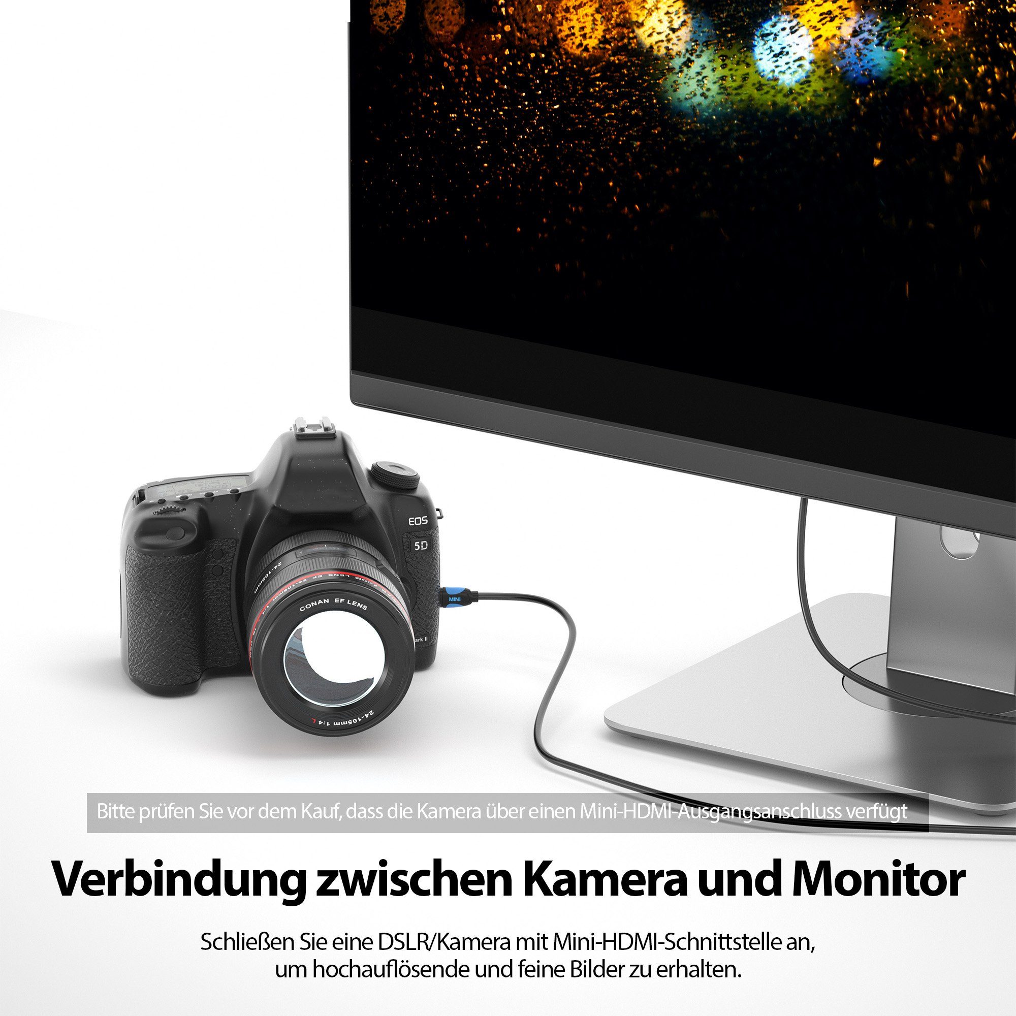 JAMEGA mini HDMI Kabel High Speed Adapterkabel 4K UHD 2160p für Tablet Kamera HDMI-Kabel, Mini HDMI Stecker, HDMI Stecker, (200 cm) – Bild 3 von 5