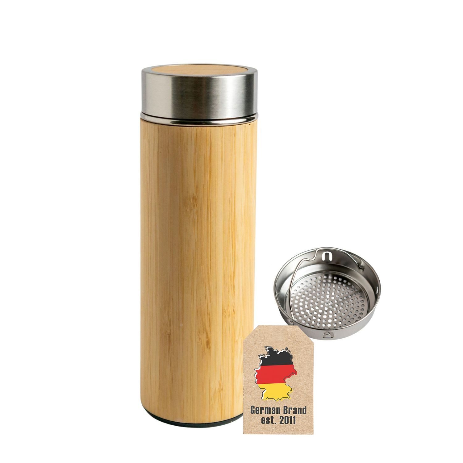 Intirilife Thermoflasche, Bambus Thermosflasche 350 ml Isolierflasche Wandern Reisen Büro Auto