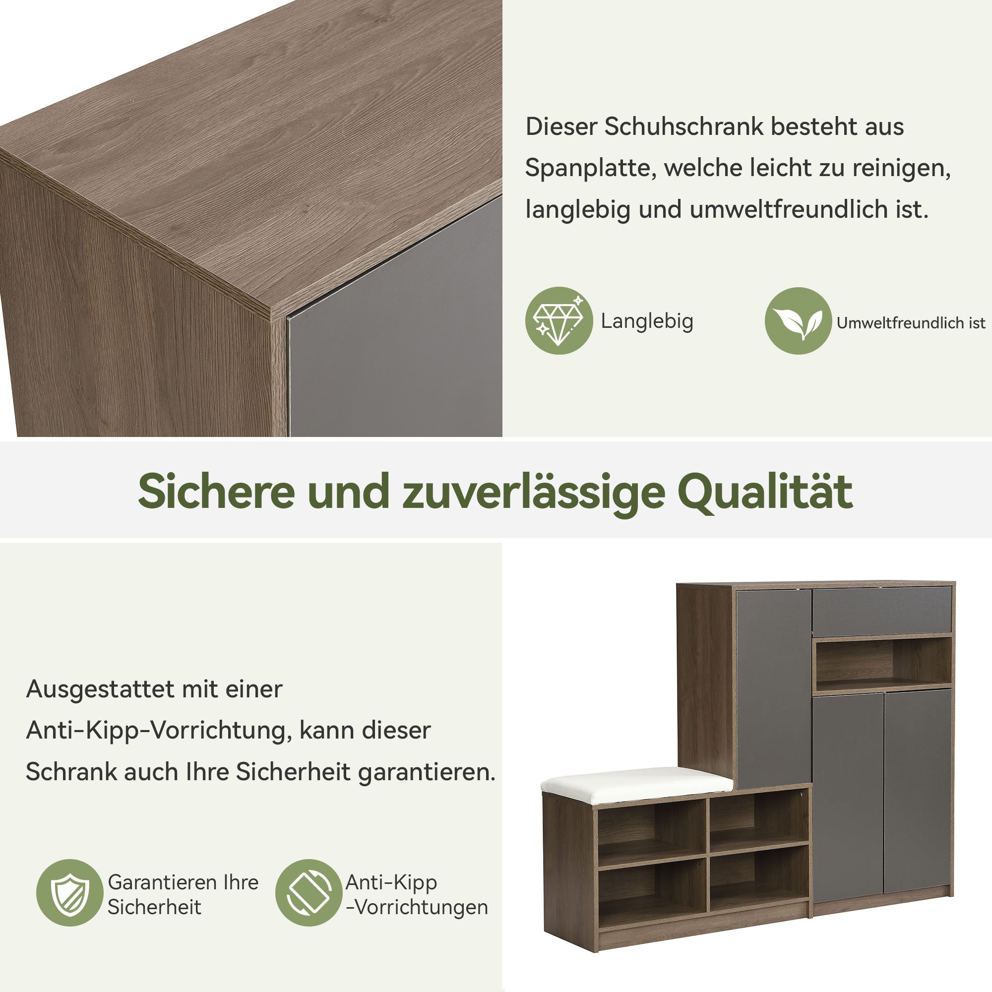 Flieks Schuhschrank (B140/T35/H110cm, 1-St., gepolsterter Sitzfläche, ca 20 Paar Schuhe) Schuhwechselhocker mit Seitenschrank Schuhbank Schuhregal – Bild 5 von 5