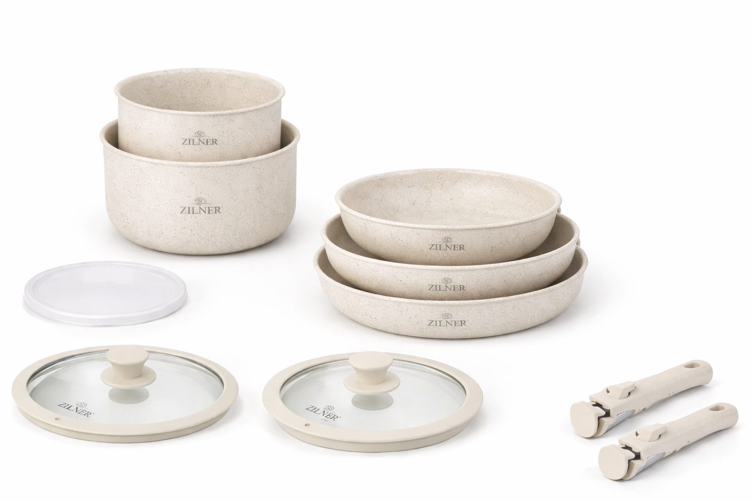 Zilner Topf-Set 11 tlg Wunderschönes beigefarbenes Topf Pfannenset, Aluminiumguss, Aluminium (Entscheiden Sie sich jetzt für dieses stilvolle und vielseitige Kochgeschirr-Set und genießen Sie jeden Tag komfortables, platzsparendes und modernes Kochen auf höchstem Niveau., 11-tlg., Es ist eine perfekte Geschenkidee für jeden Anlass)