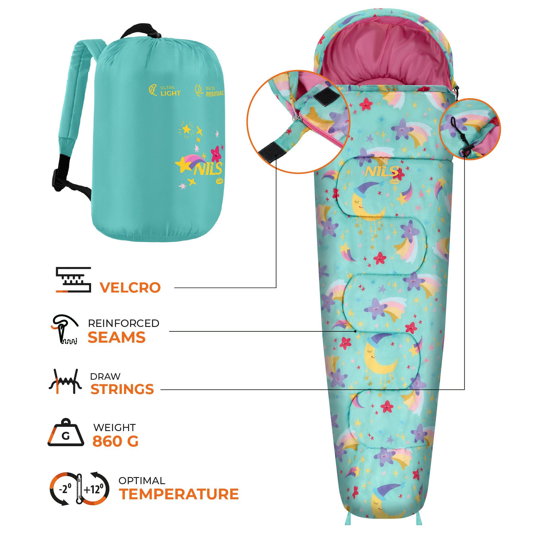 NILS CAMP Kinderschlafsack Mumienschlafsack Campingschlafsack Outdoor (Spar-Set, 1 tlg., 170 x 60 cm leicht), Rucksackform, verstellbare Kapuze, leicht