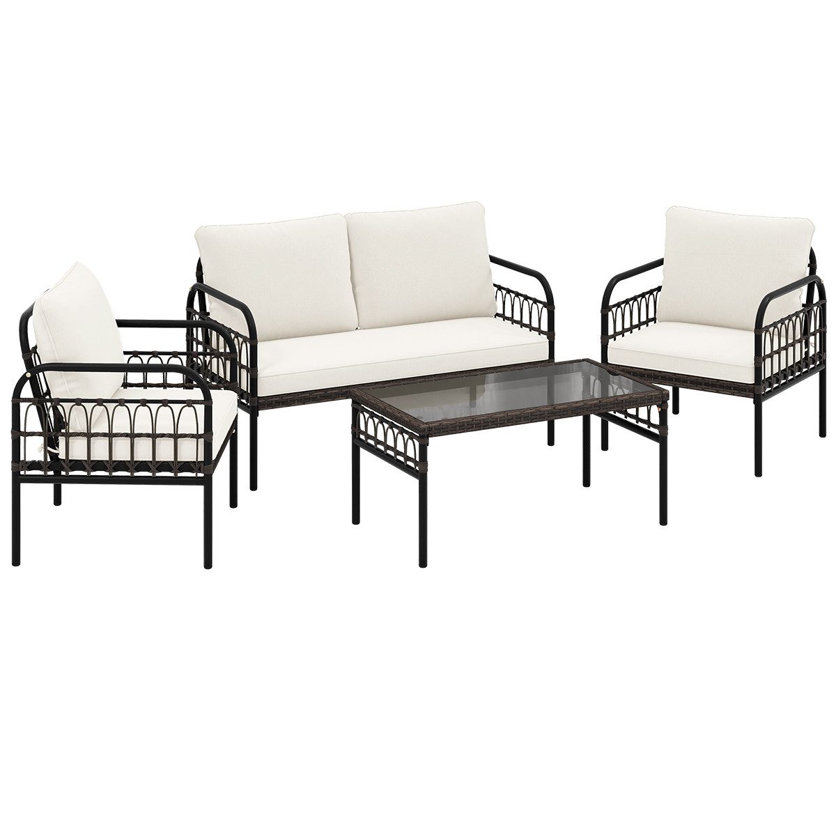 COSTWAY Balkonset, 4 tlg. aus Rattan, mit Kissen, für 4 Personen