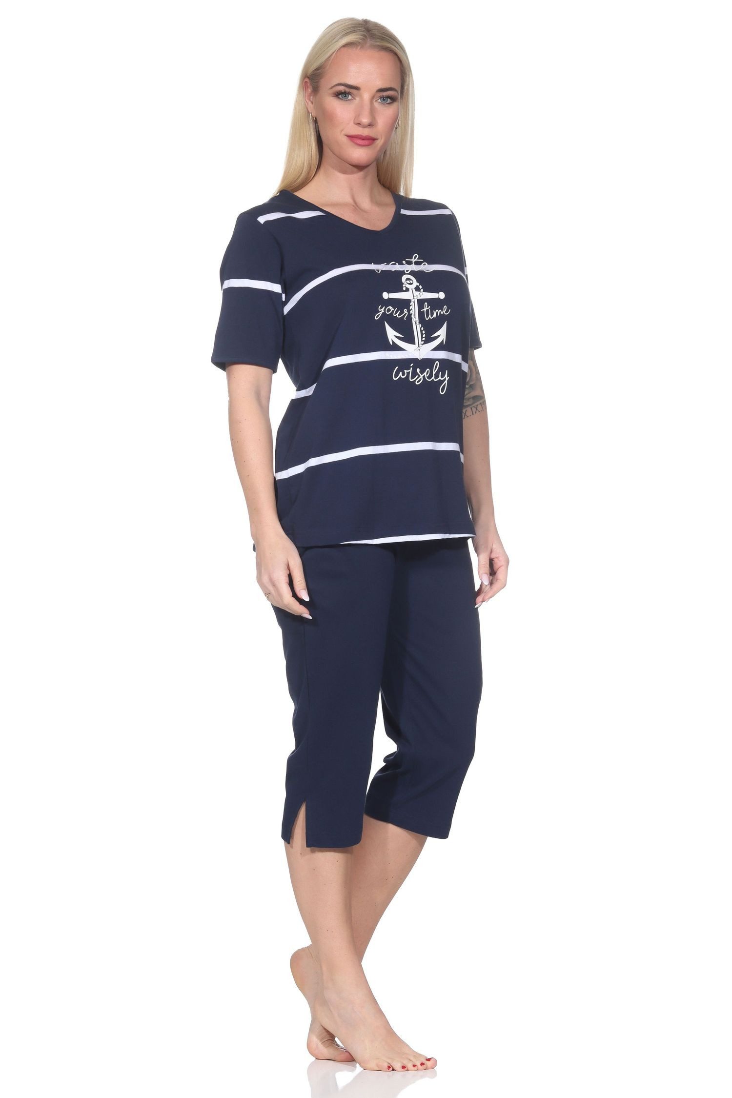 Normann Pyjama Maritimer Damen kurzarm Capri Schlafanzug mit Anker Motiv