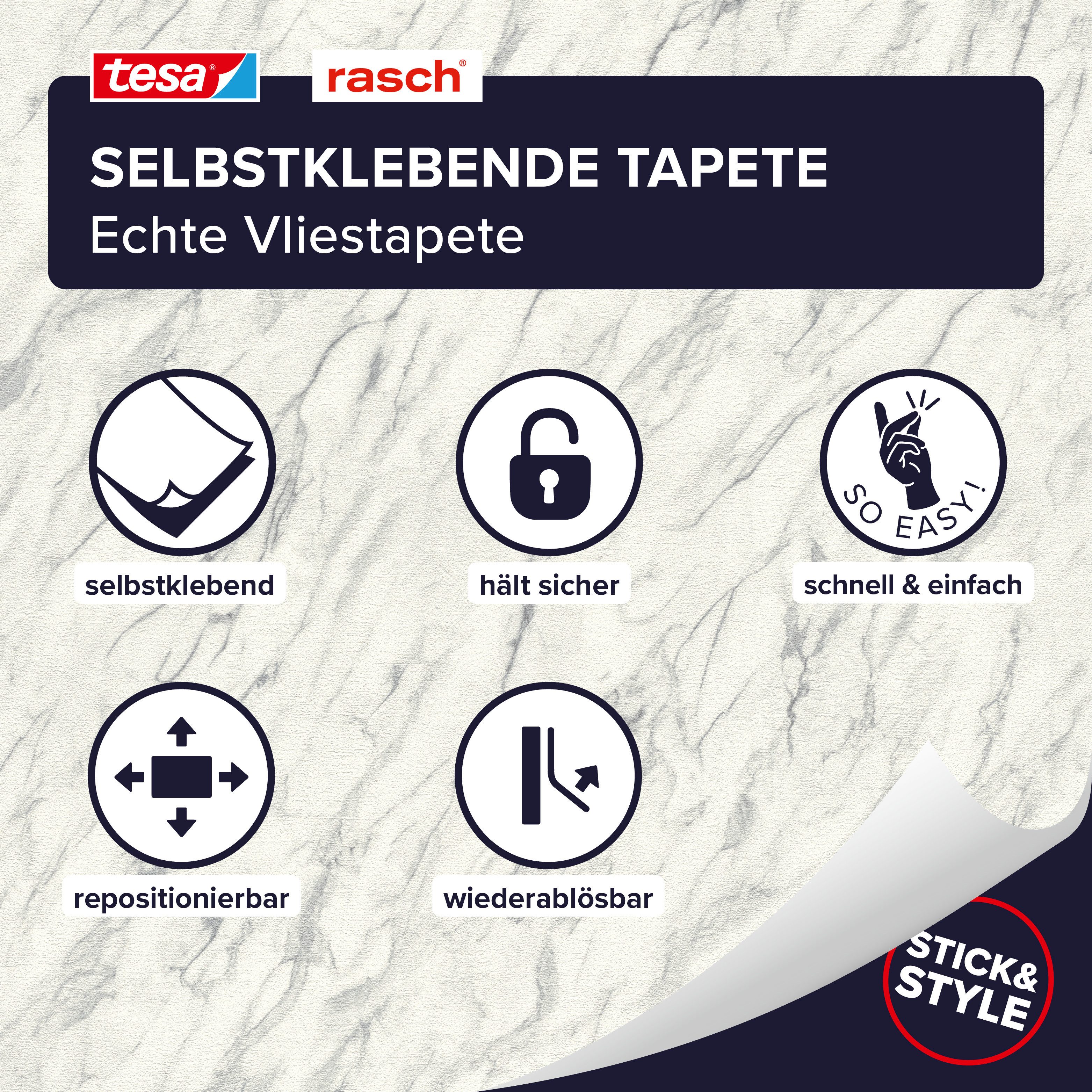 Rasch Vliestapete Carrara - Selbstklebende Tapete Marmor von tesa® x rasch®, strukturiert, Marmoroptik, (1 St), selbstklebend, 6,00m x 0,53m