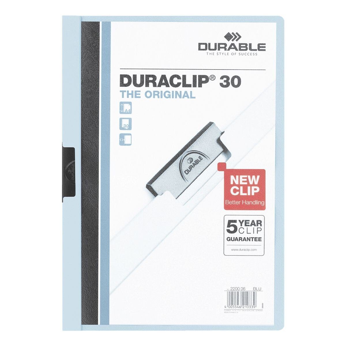 DURABLE Hefter Duraclip 30, mit Klemmfunktion, Format DIN A4, bis 30 Blatt hellblau