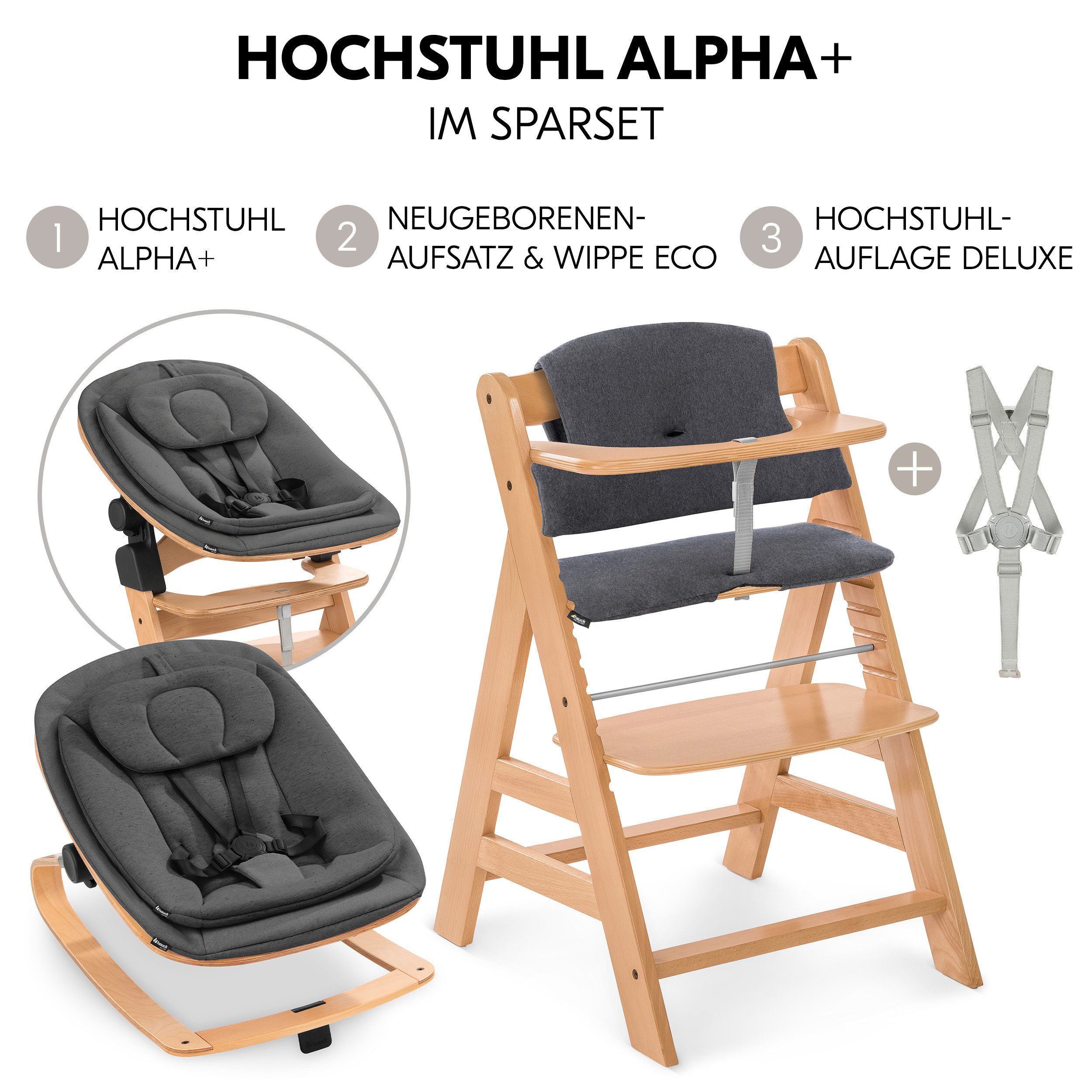 Hauck Hochstuhl Alpha Plus Newborn Set Eco - Natur, Holz Babyhochstuhl ab Geburt inkl. Neugeborenenaufsatz & Sitzauflage