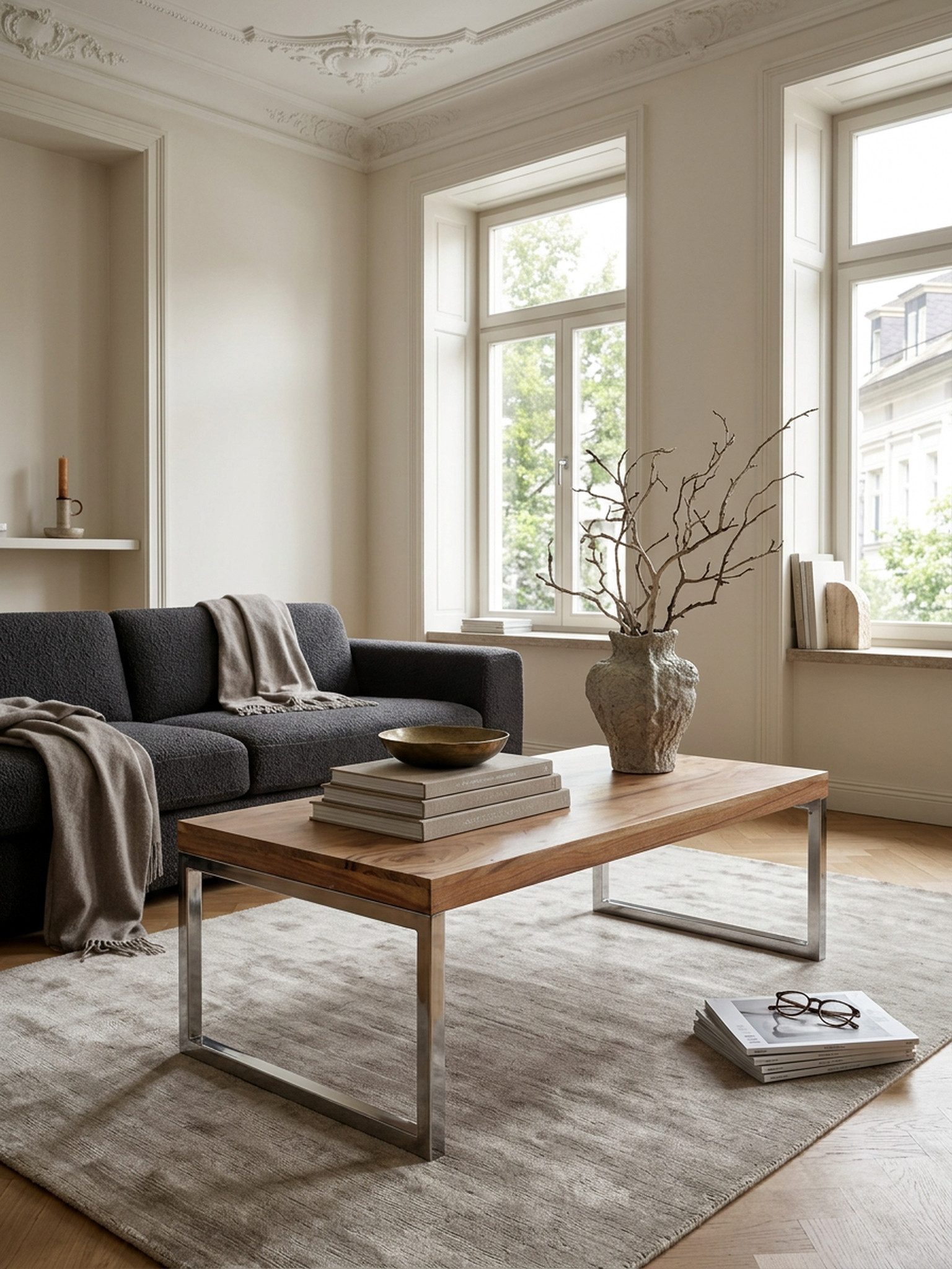 KADIMA DESIGN Couchtisch Handgefertigter Massivholz-Kaffeetisch ISEN mit Chrom Standfüßen