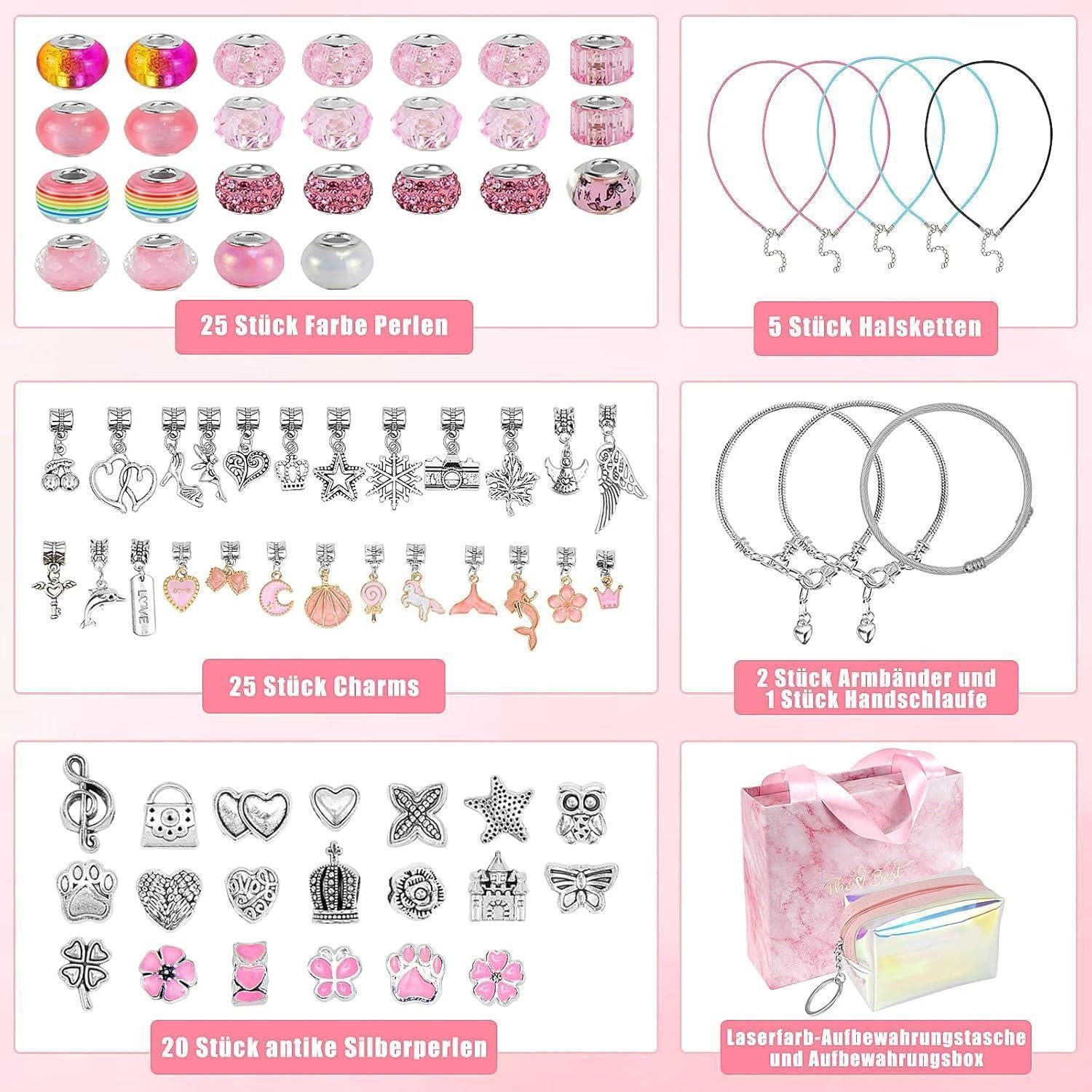 LuxusKollektion Schmuckset Armband Bastelset Mädchen Schmuck DIY Kit Rosa Perlen Charms 6-12