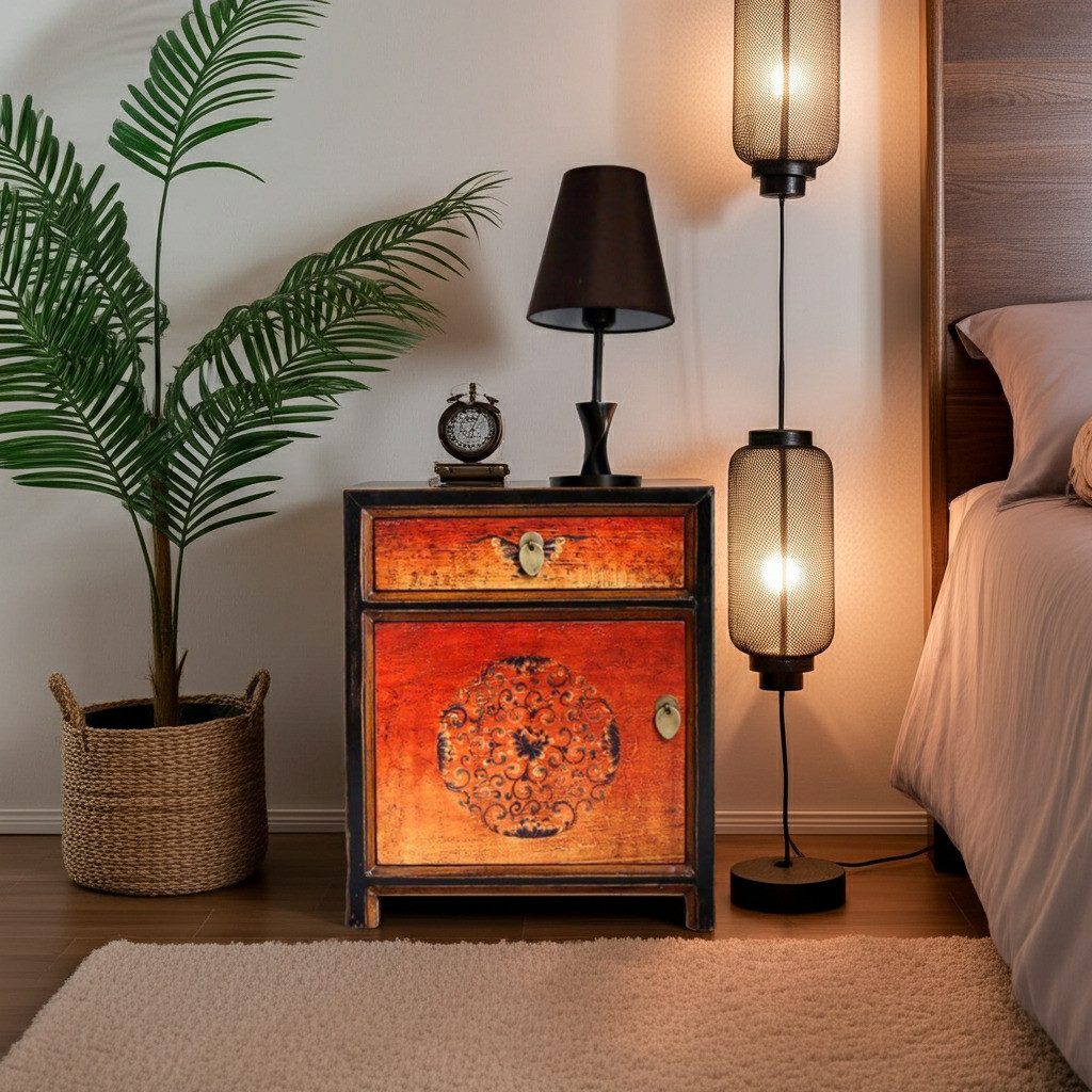 OPIUM OUTLET Nachtkommode Nachttisch Vintage-Stil (Möbel asiatisch orientalisch chinesisch shabby-chic, Breite x Tiefe x Höhe: 45 x 33 x 55 cm, Lieferung komplett montiert), Nachtschrank Schrank Kommode
