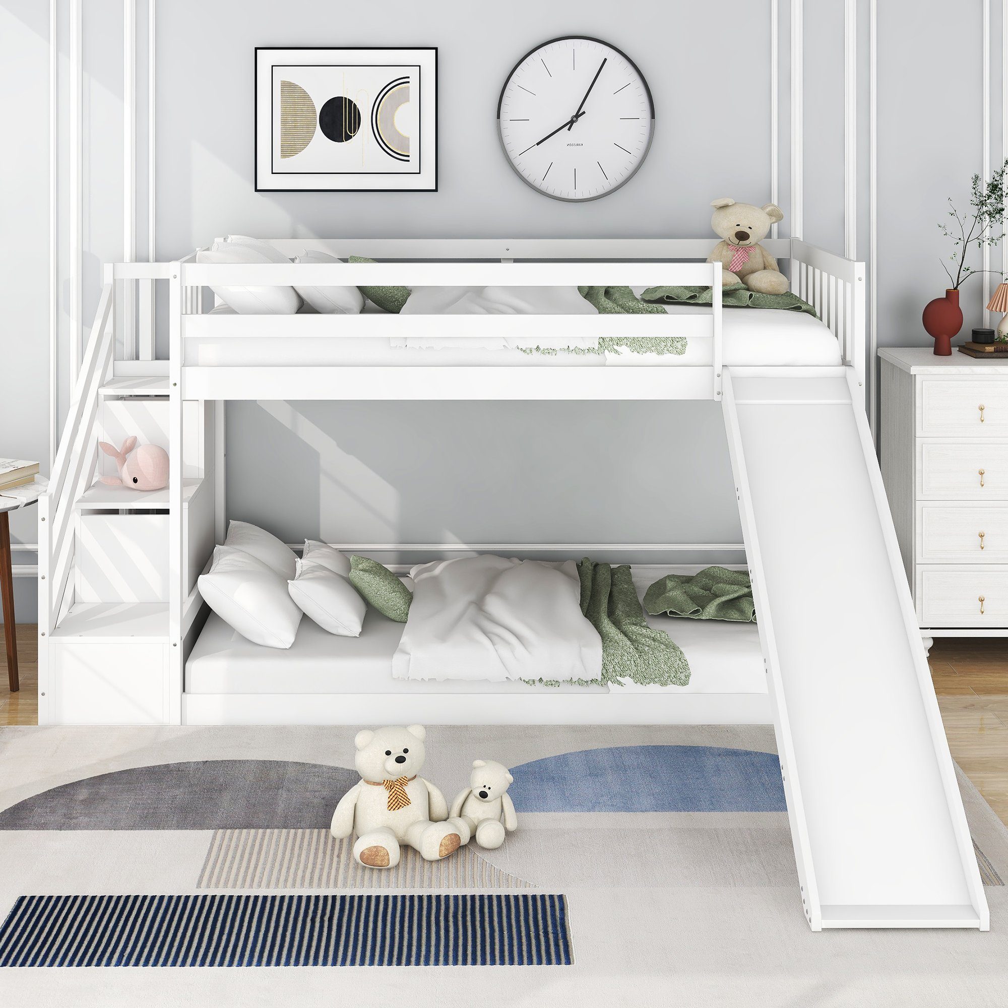 SOFTWEARY Etagenbett mit 2 Schlafgelegenheiten und Lattenrost (inkl. Rutsche, Schubladen und Treppe, 90x200 cm), Holzbett aus Kiefer, Kinderbett mit Rausfallschutz