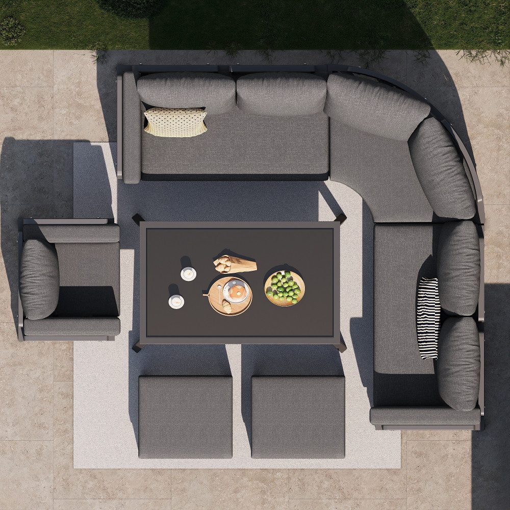 BBWL Gartenlounge-Set Halbmond Gartensofa Set für 8 Personen aus Eisen mit grauen Polstern, wetterfeste Loungemöbel mit Glastisch, Sessel & Hockern