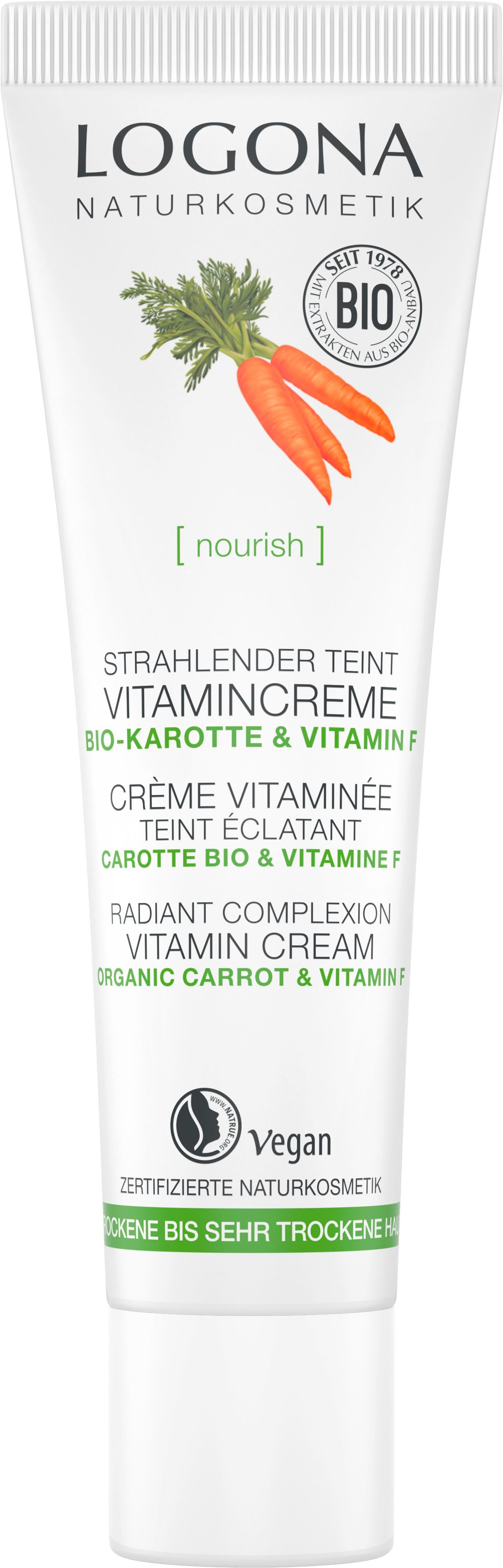LOGONA veganer Tagescreme zertifizierte Naturkosmetik Logona NaTrue Vit.Creme, Formel [nourish] Teint mit Strahl.