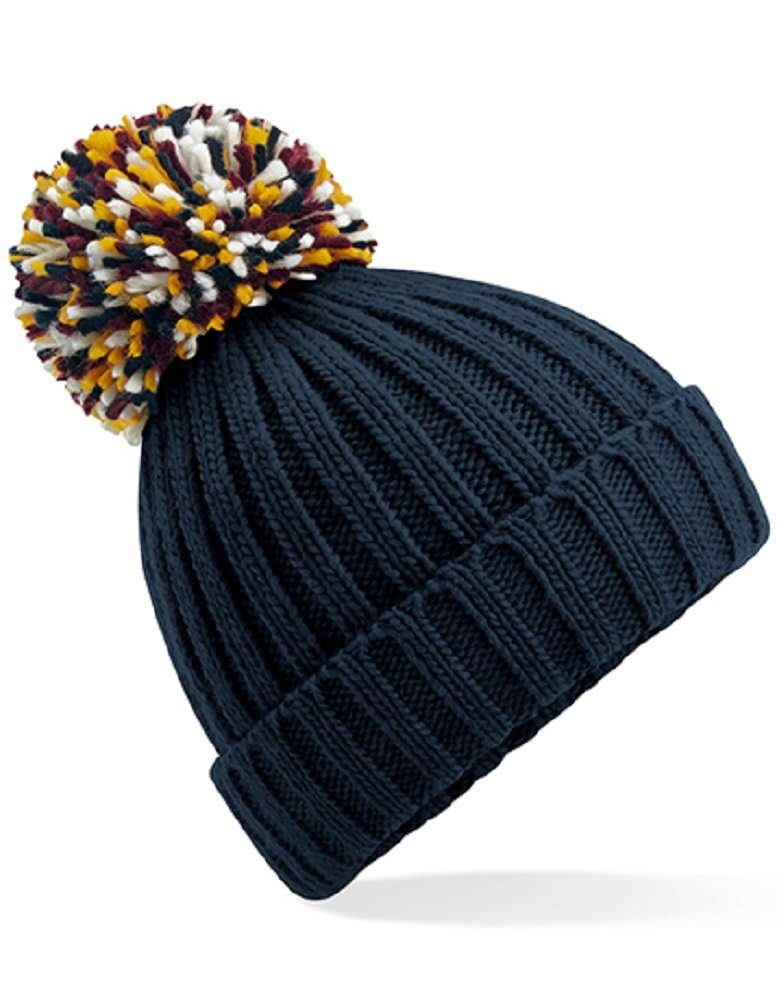 Beechfield® Bommelmütze warme Damen Wintermütze / Strickmütze/ Mütze mit Futter übergrößer, bunter Bommel - Robuster Ripp-Strick