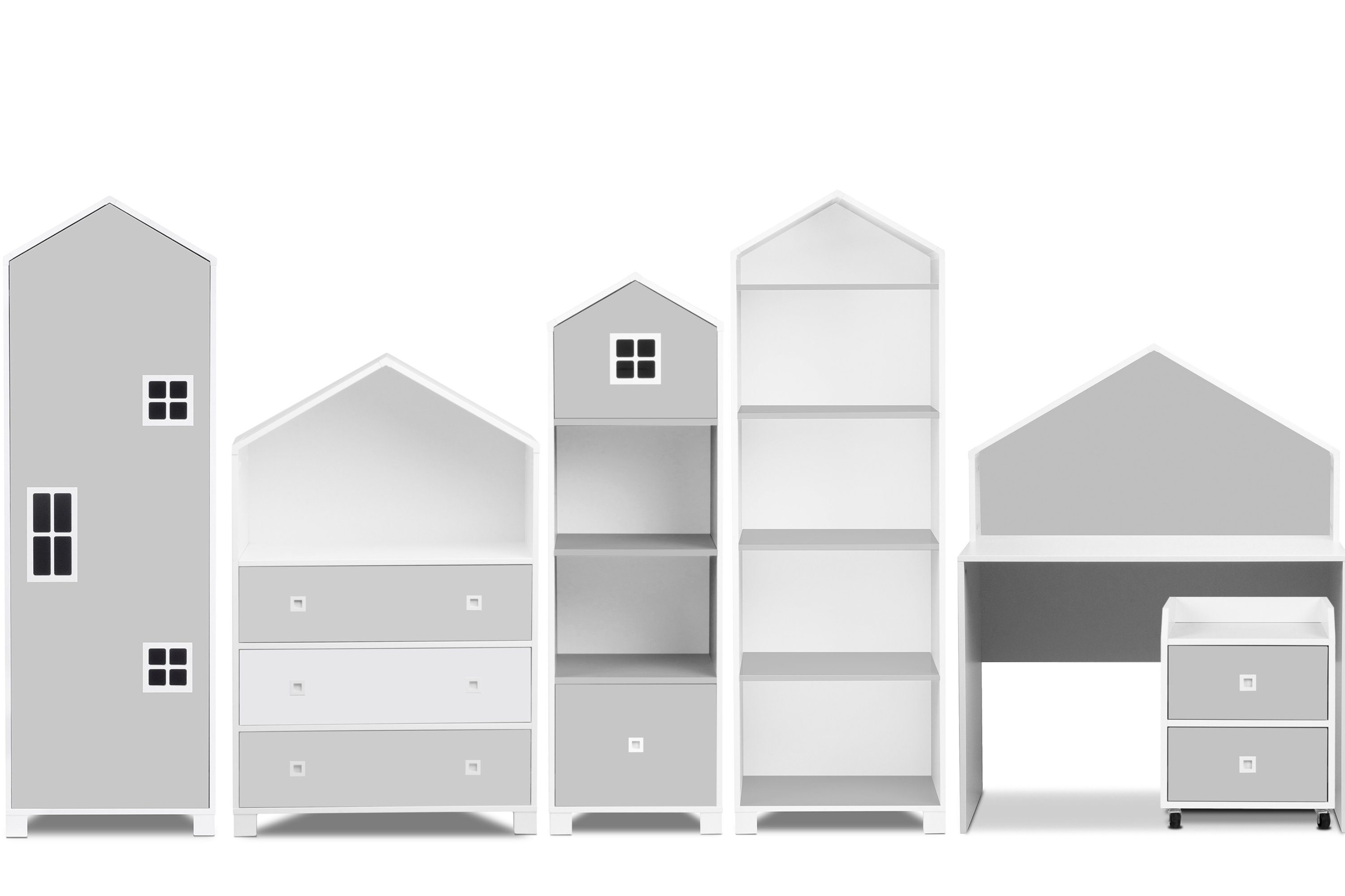 Kommode, Kleiderschrank, Rollcontainer Schreibtisch, / weiß MIRUM (6-St), 2x Kinderzimmer-Möbelset grau Babyzimmer-Komplettset Bücherregal, Komplett-Kinderzimmer, Konsimo