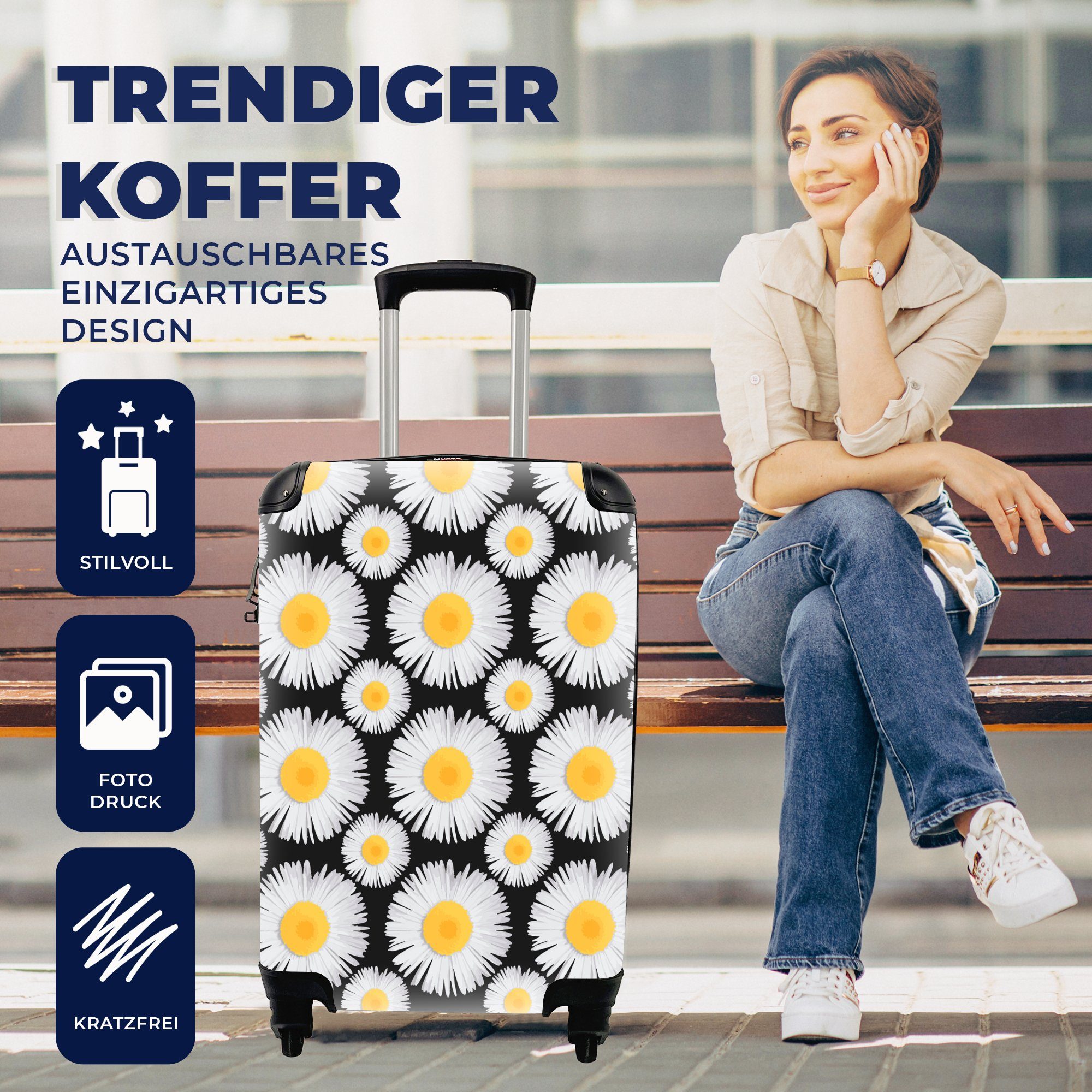 MuchoWow Reisetasche Ferien, Handgepäckkoffer - Kinder für rollen, 4 Kinder, Reisekoffer - mit Blumen - Handgepäck Mädchen Trolley, Muster Gänseblümchen - - Rollen,