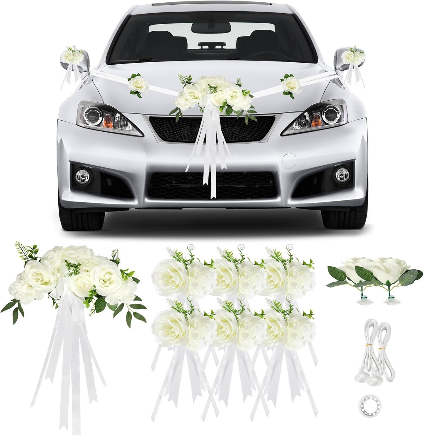 FELIXLEO Dekohänger Autoschmuck Hochzeit Motorhaube Weiß 9 Rosen Saugnäpfen Bänder Set (9 St)