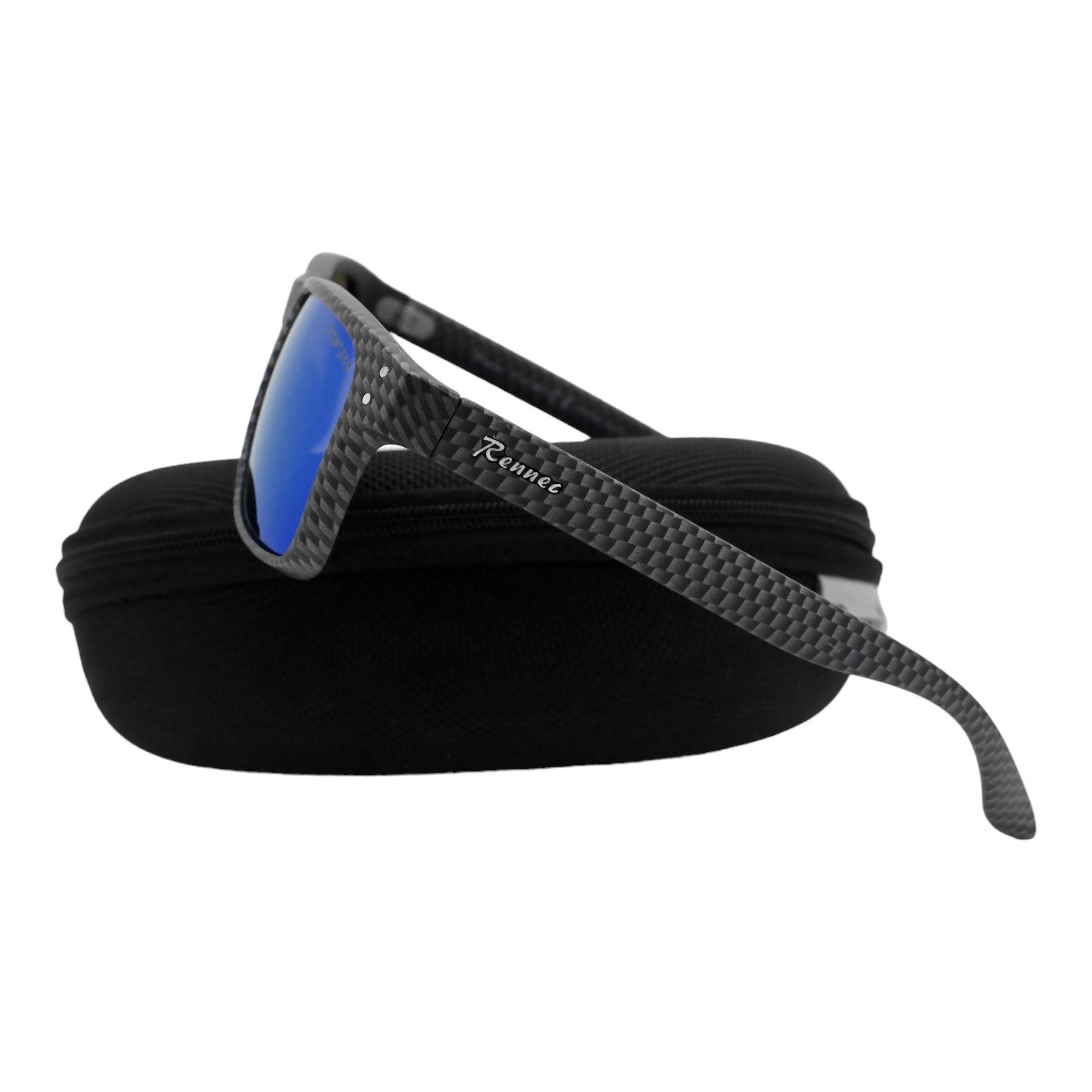 Rennec Sonnenbrille Herren Polarisiert Rechteckig Carbon Optik mit Hardcase Gläser UV400 Getönt oder Verspiegelt, Edelstahl Bügelgelenke 3in2