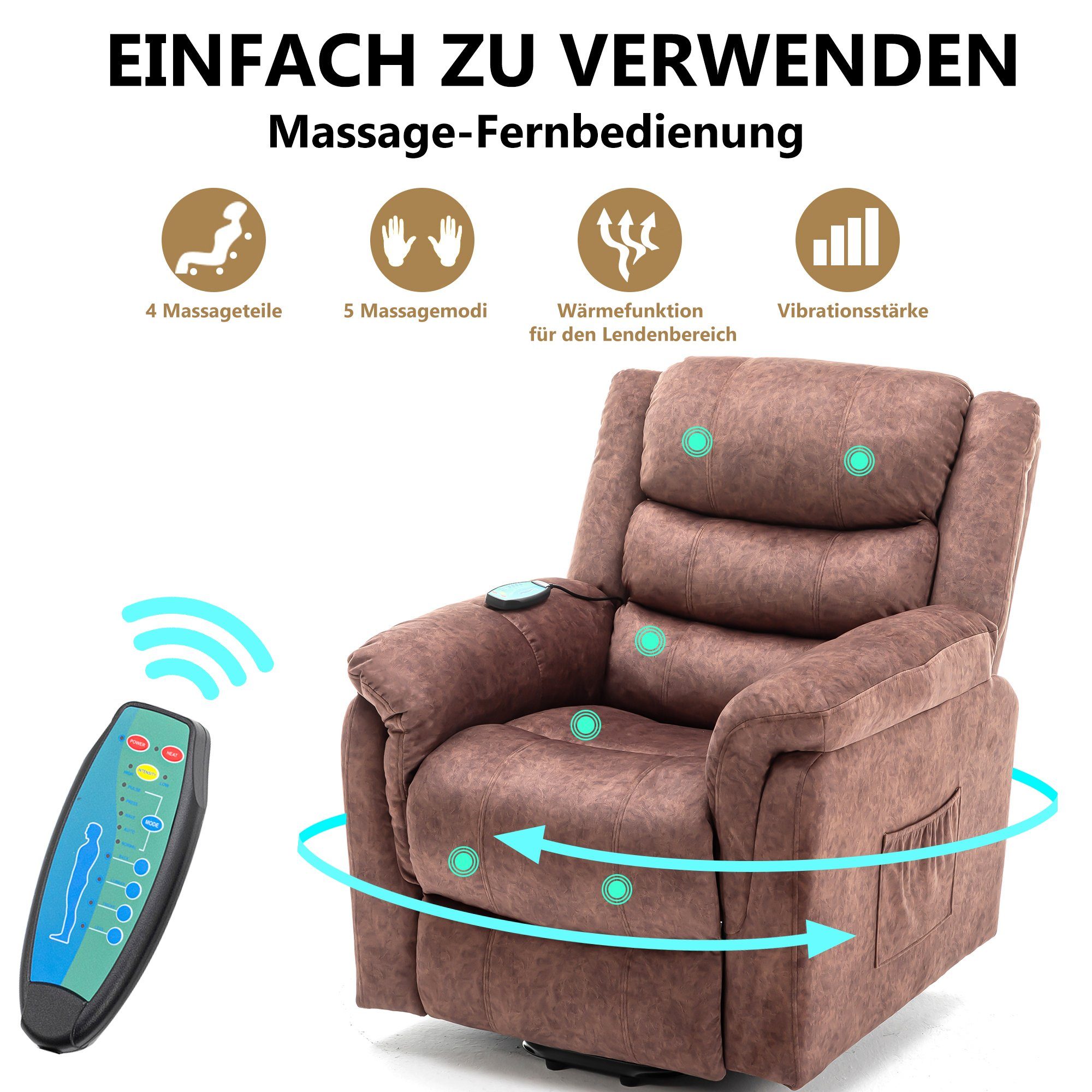 TV-Sessel (Fernsehsessel mit Aufstehhilfe, elektrisch Relaxsessel mit Fernbedienung, bis 150 kg belastbar), Massagesessel mit Liegefunktion, Wärmefunktion und Vibrationsmassage