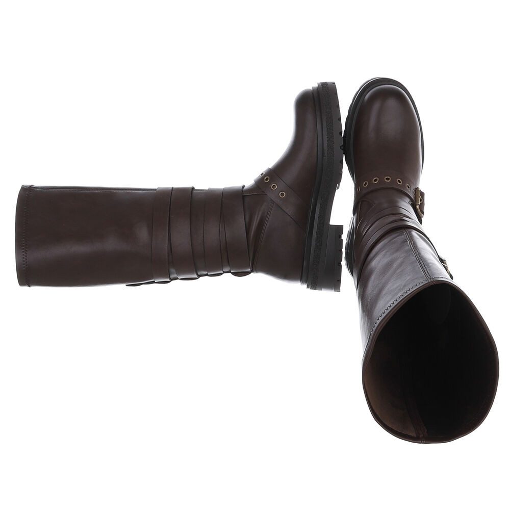 Ital-Design Hochwertige Damenstiefel mit Schnallen und Reißverschluss Plateaustiefel (90471359) Blockabsatz Stiefel in Braun