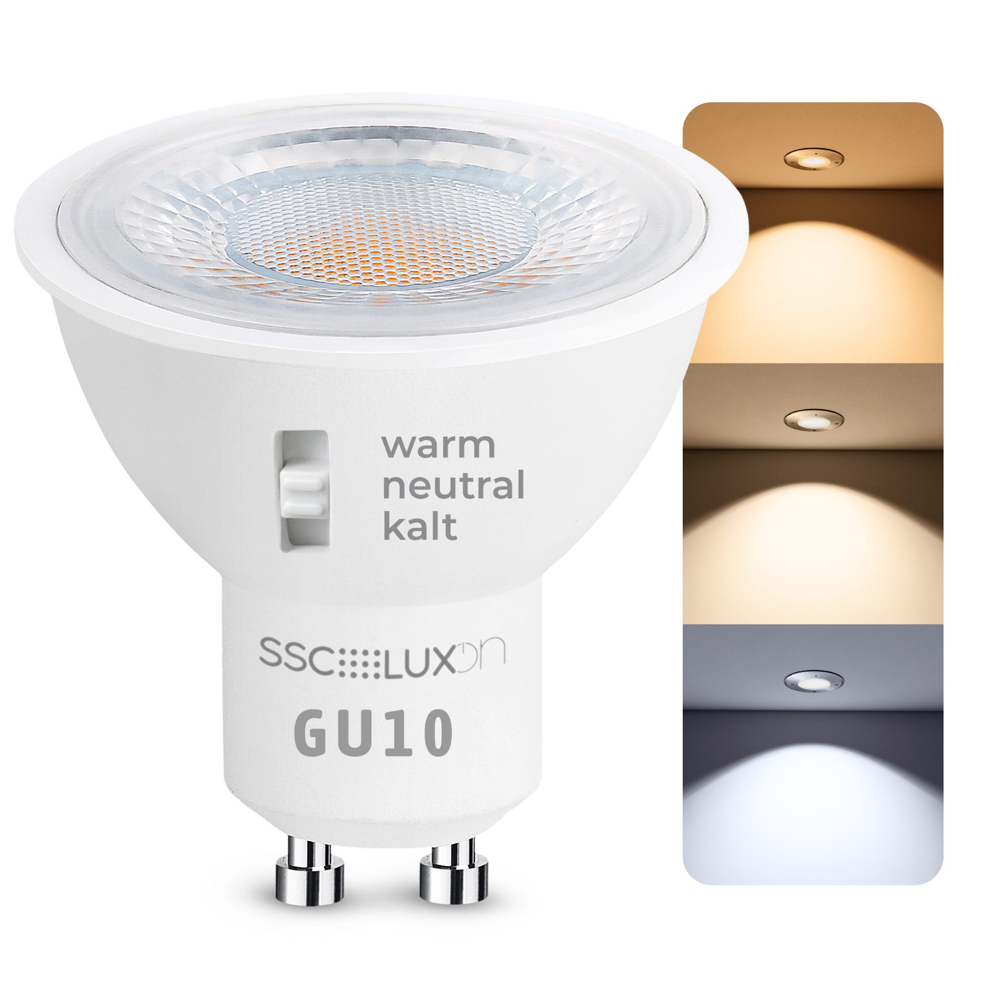 SSC-LUXon LED-Leuchtmittel LumiFLEX LED GU10 Strahler dimmbar 6W drei Lichtfarben 3CCT Spot, GU10, Neutralweiß, Warmweiß, Tageslichtweiß