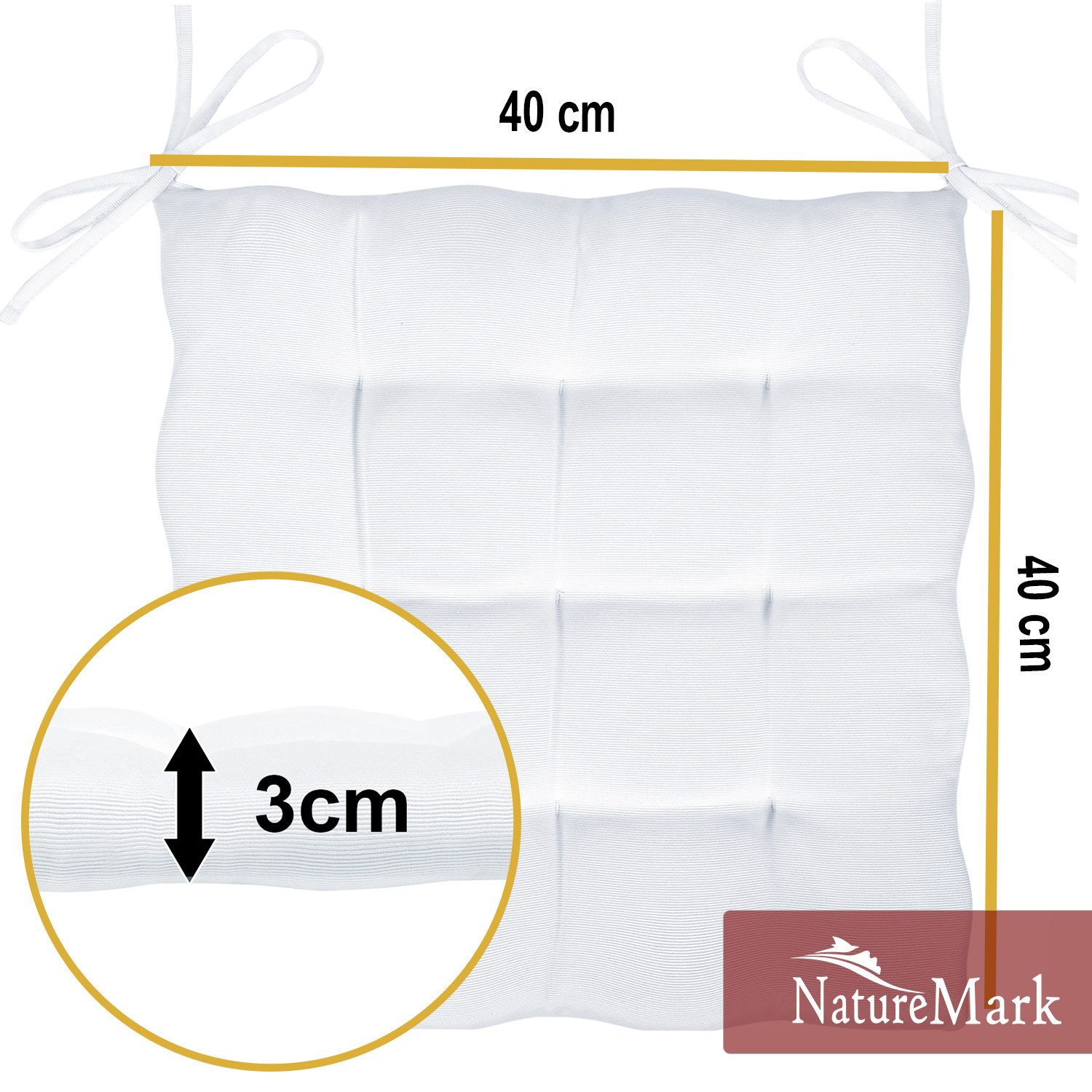 NatureMark Sitzkissen 4er-Set Stuhlkissen 40x40cm mit Bändern, Sitzpolster Kissen 4er Pack, schadstoffgeprüft, Weiß