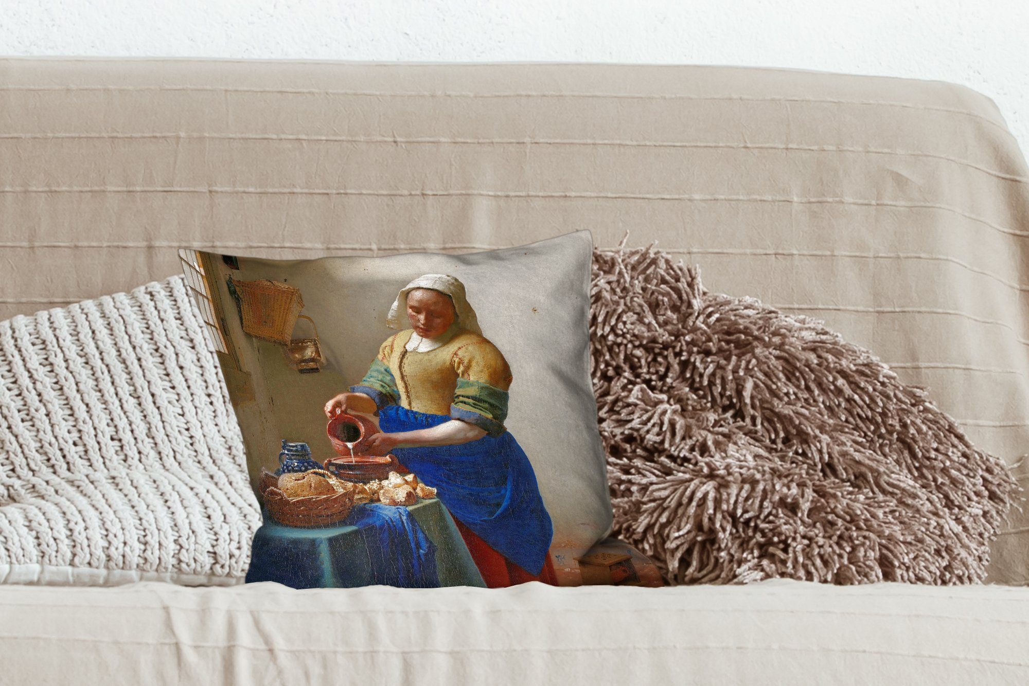 MuchoWow Dekokissen Das Milchmädchen - Johannes Vermeer, Schlafzimmer, Zierkissen von für Wohzimmer, Sofakissen mit Füllung Gemälde Deko