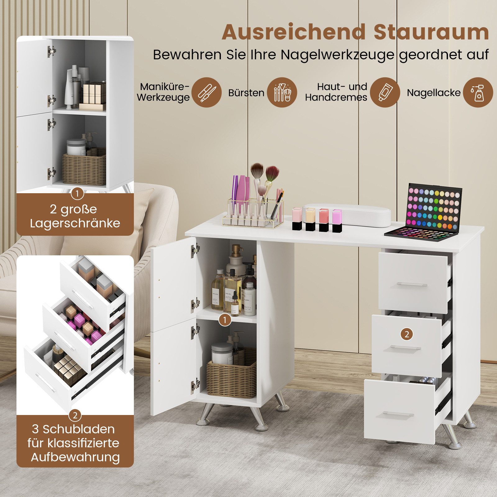 COSTWAY Schminktisch, Maniküretisch,Nageltisch mit 3 Schubladen, Holz