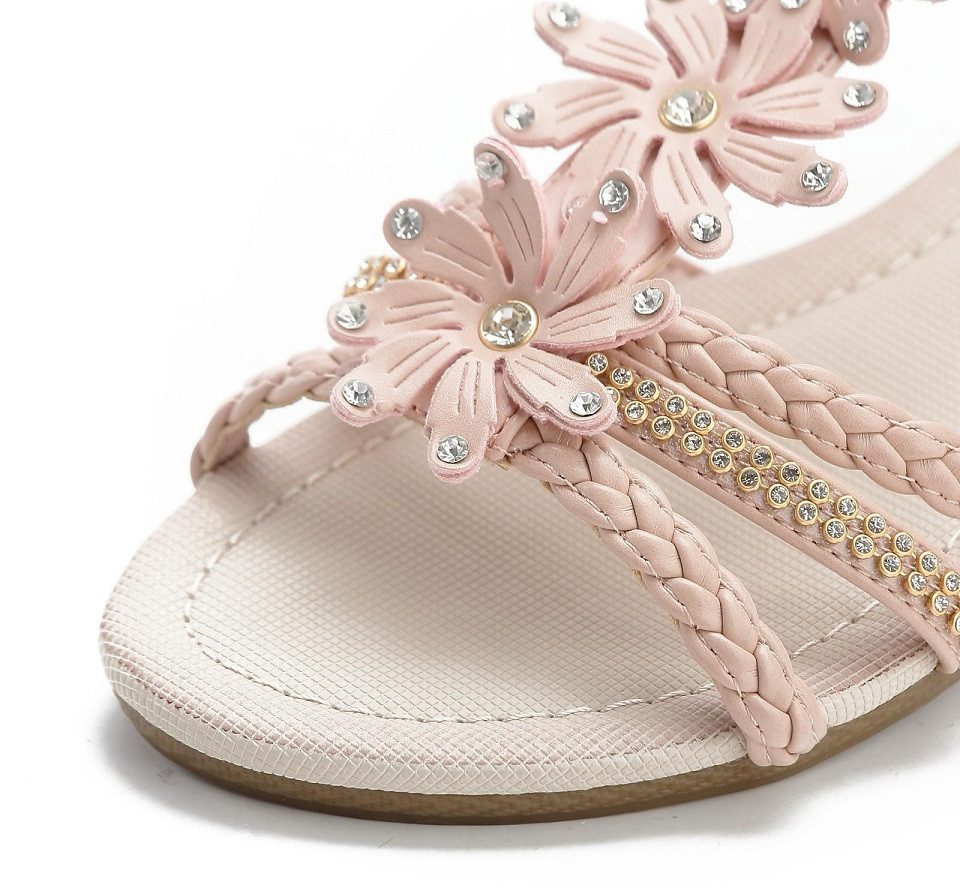 Pogolino ST98 Riemchensandale Damen Sandalen mit Glitzer und Blumen T-Riemen