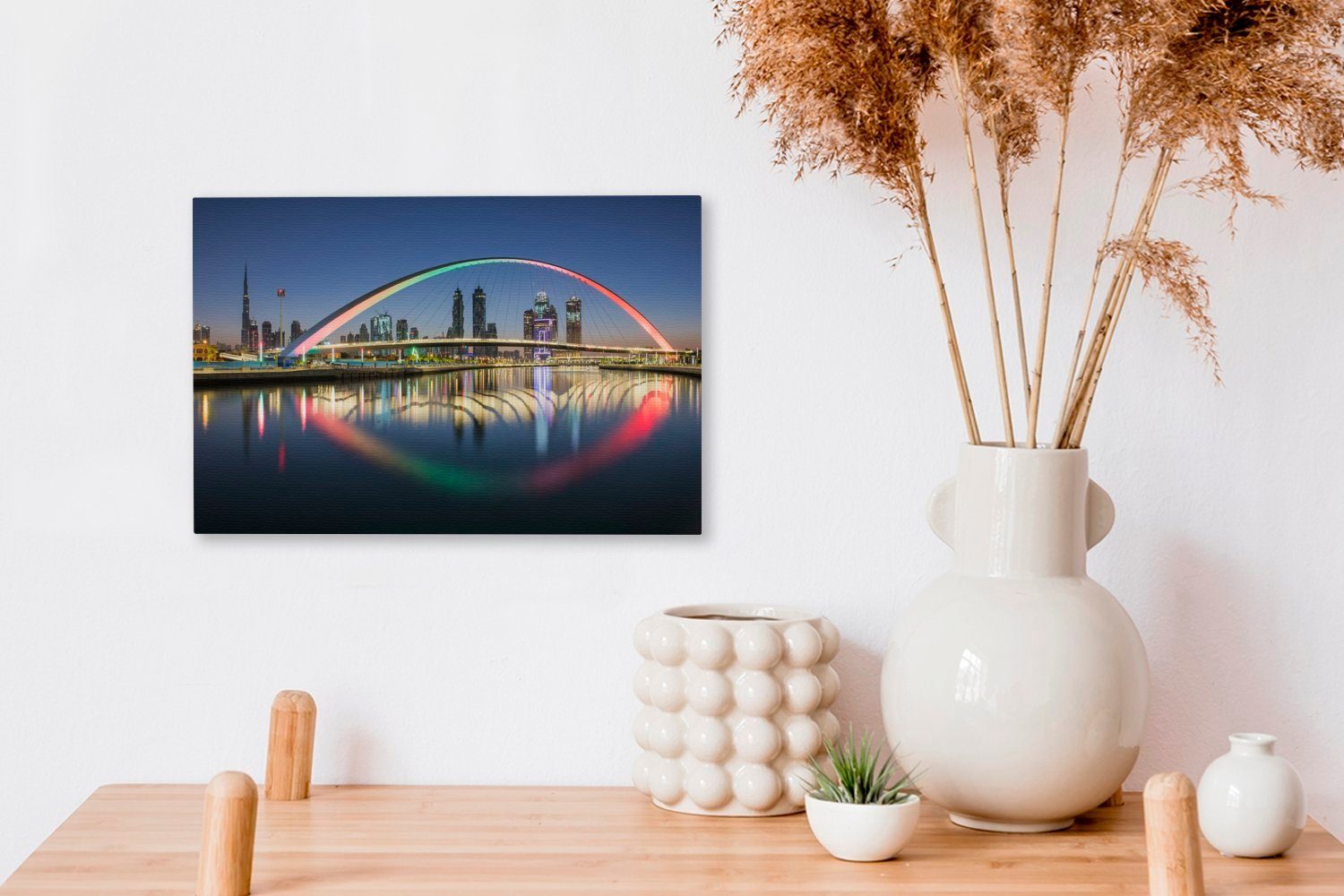 cm OneMillionCanvasses® Aufhängefertig, in dem Dubai, Leinwandbild 30x20 Wasser Wanddeko, schöne Regenbogenbrücke (1 über Wandbild Eine Leinwandbilder, St),