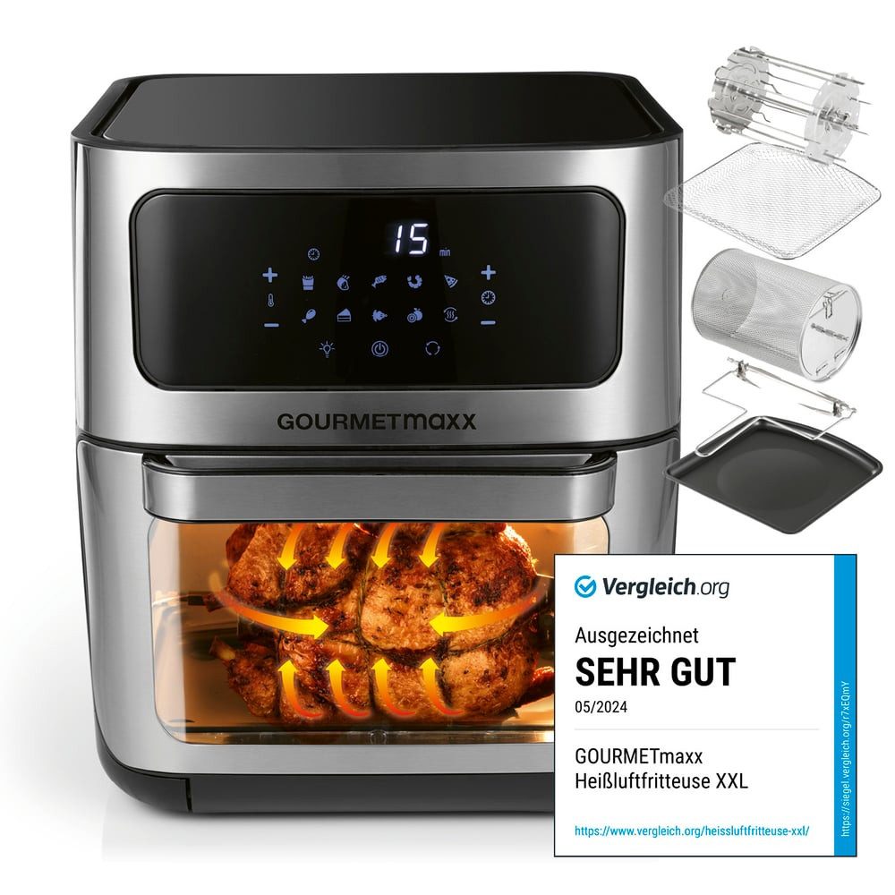 GOURMETmaxx Heißluftfritteuse XXL 12 Liter - Ofen, Grill und Fritteuse mit Sichtfenster, 1800 W, Fettarme und schonende Zubereitung nahezu ohne Öl, Timerfunktion