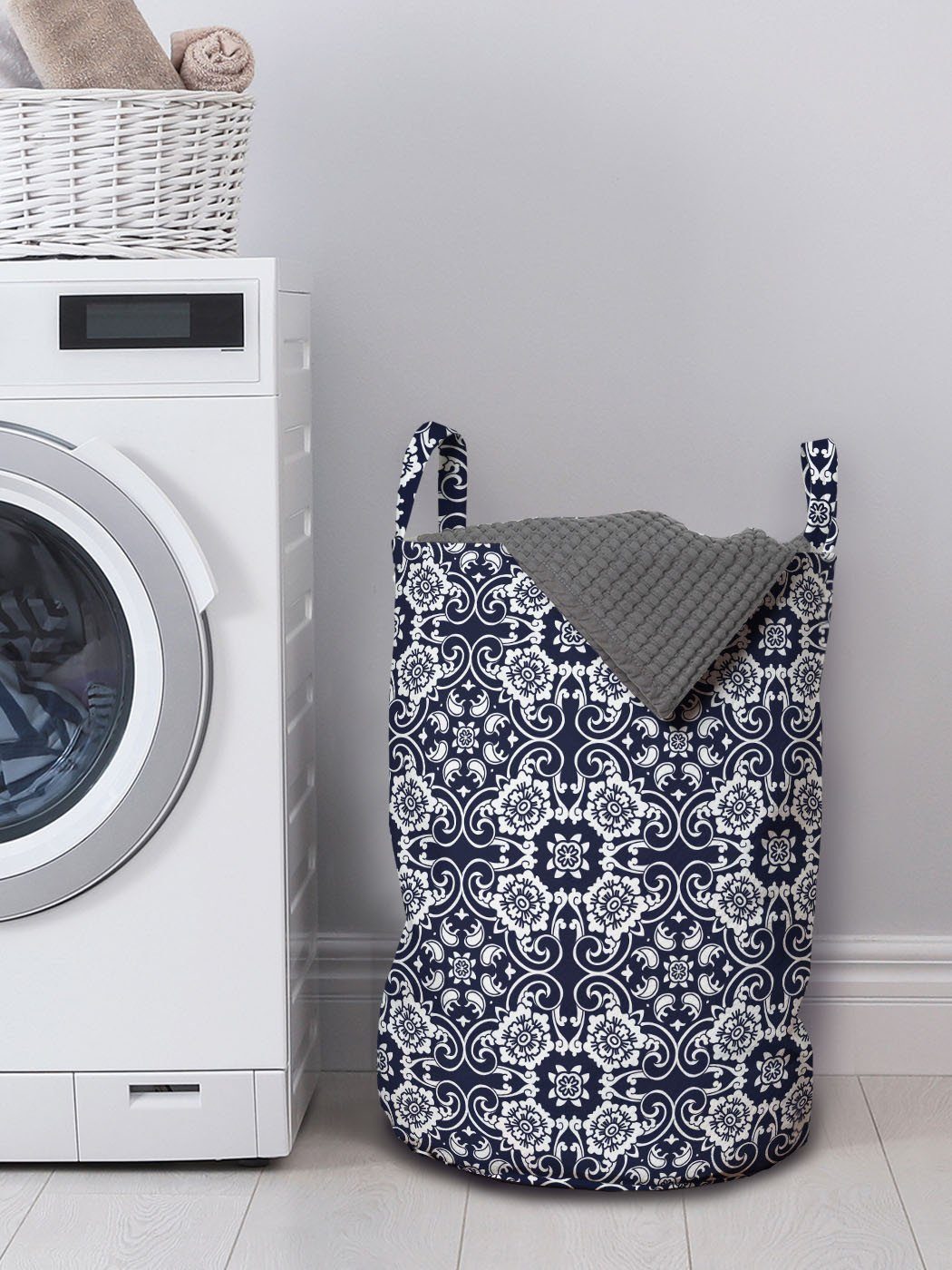 blau Navy Griffen Wäschekorb Flora mit Wäschesäckchen Waschsalons, für Kurven Kordelzugverschluss Abakuhaus Japanische