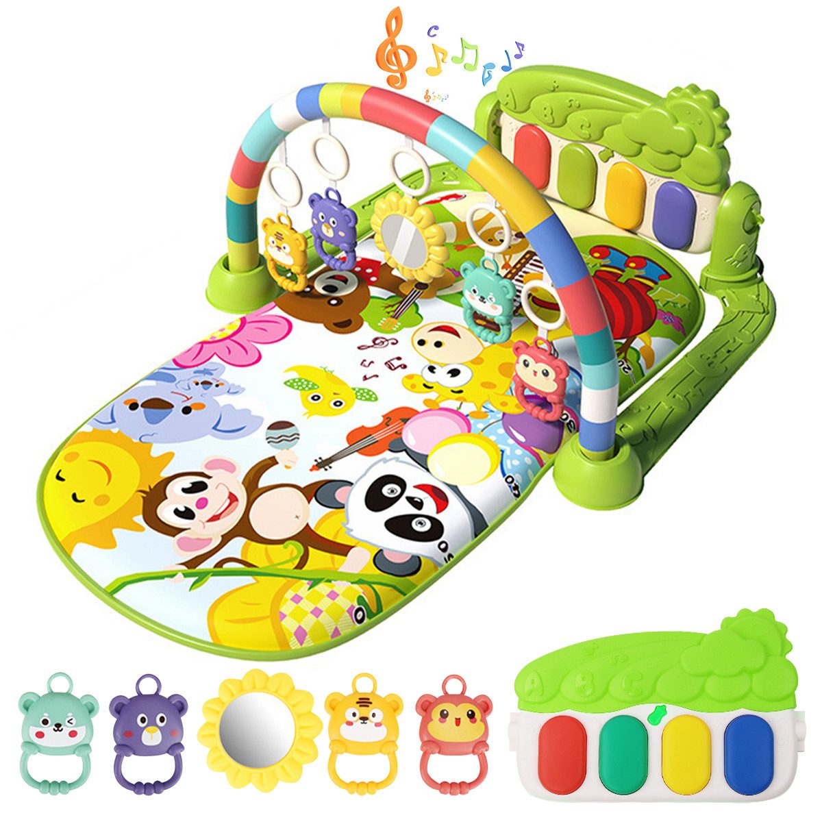 Krabbeldecke Spielmatte mit Spielbogen Baby Lernmatte Spieldecke Erlebnisdecke, MOPUEA, mit Klavier, Licht, Musik, Spiegel Lernspielzeug Waschbar