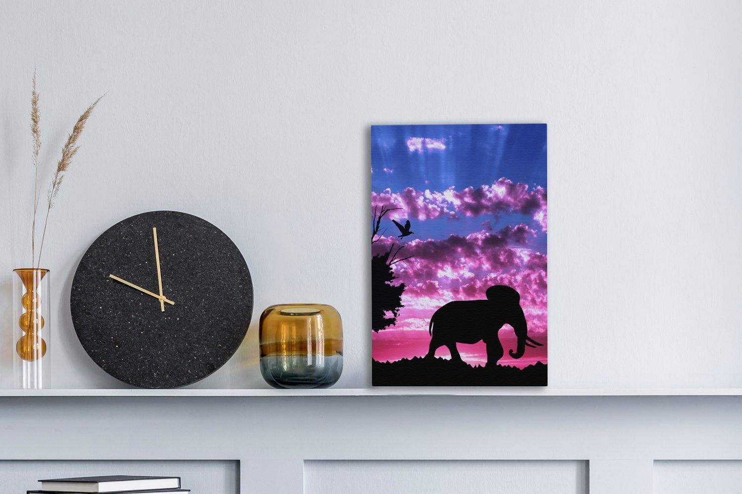 OneMillionCanvasses® Leinwandbild Rosa, Leinwandbild St), (1 Lila Gemälde, cm - 20x30 fertig Vogel Elefant Zackenaufhänger, - - bespannt inkl