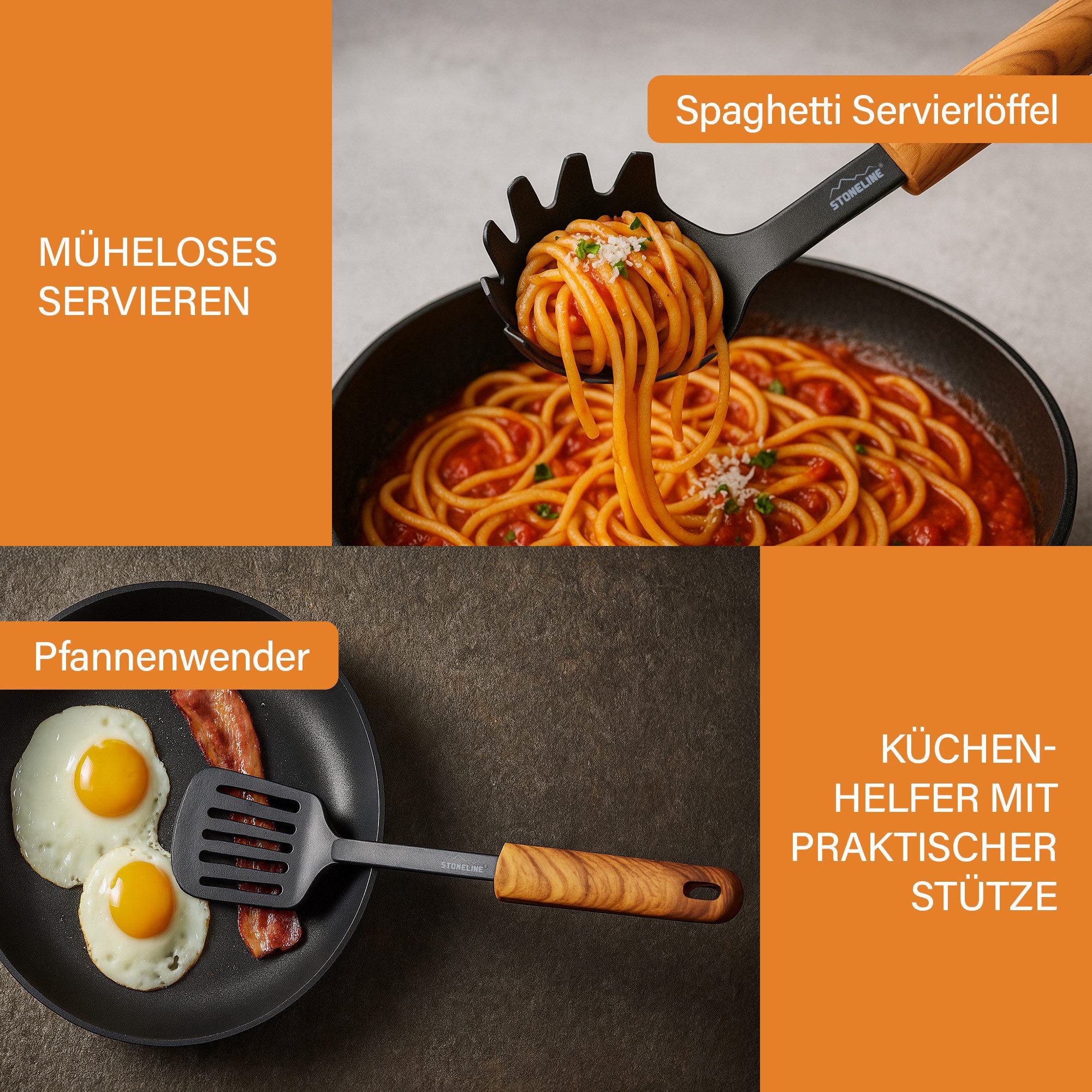 STONELINE Kochbesteck-Set Kochutensilien-Set mit Holzgriff-Design "Back to Nature" (Set, 9-tlg), Perfekt für Antihaft-Pfannen und Töpfe, Design aus Deutschland