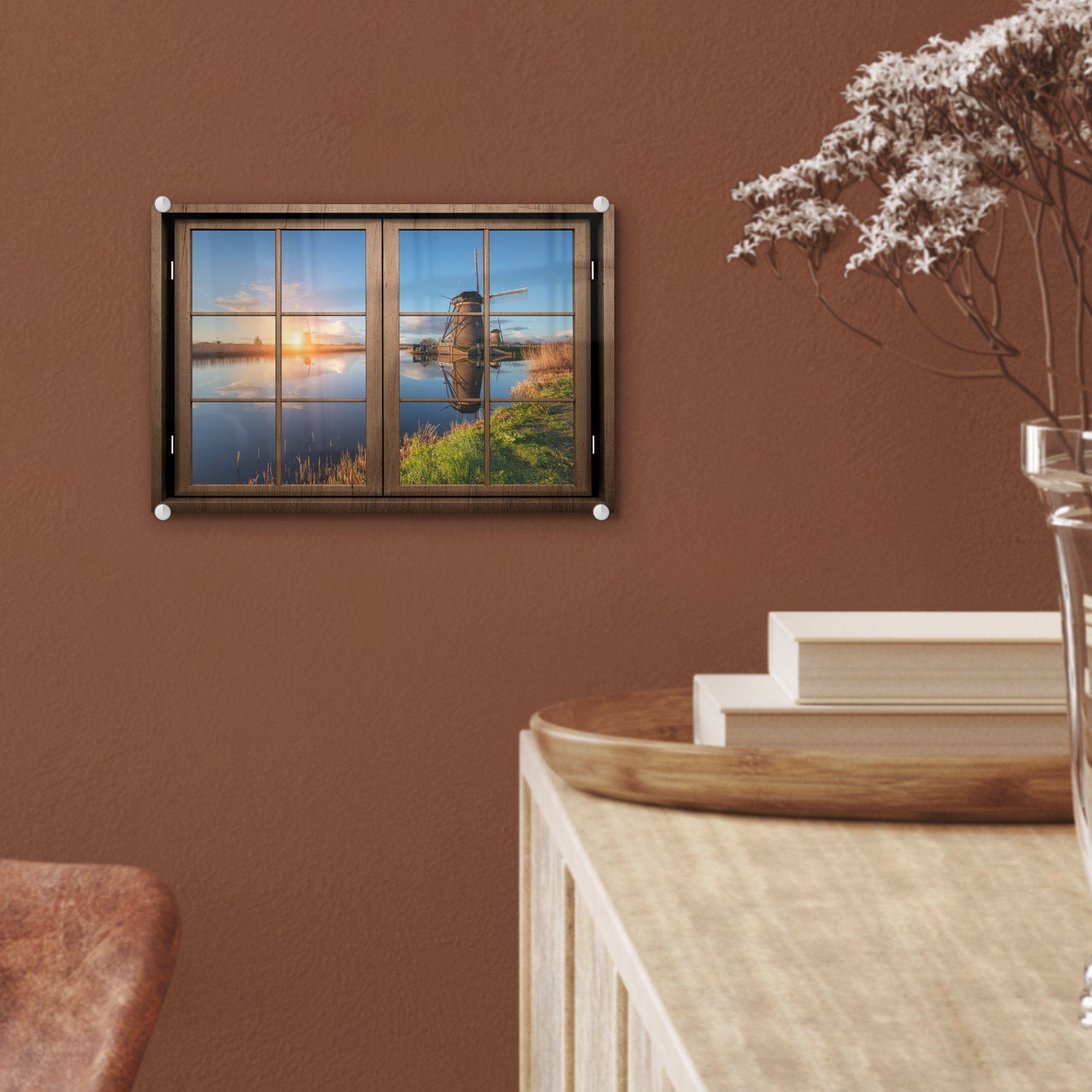 Bilder Foto Glas St), Aussicht Glasbilder auf Acrylglasbild - - Wanddekoration MuchoWow - - Sonnenuntergang, Wandbild Glas - Mühle auf (1