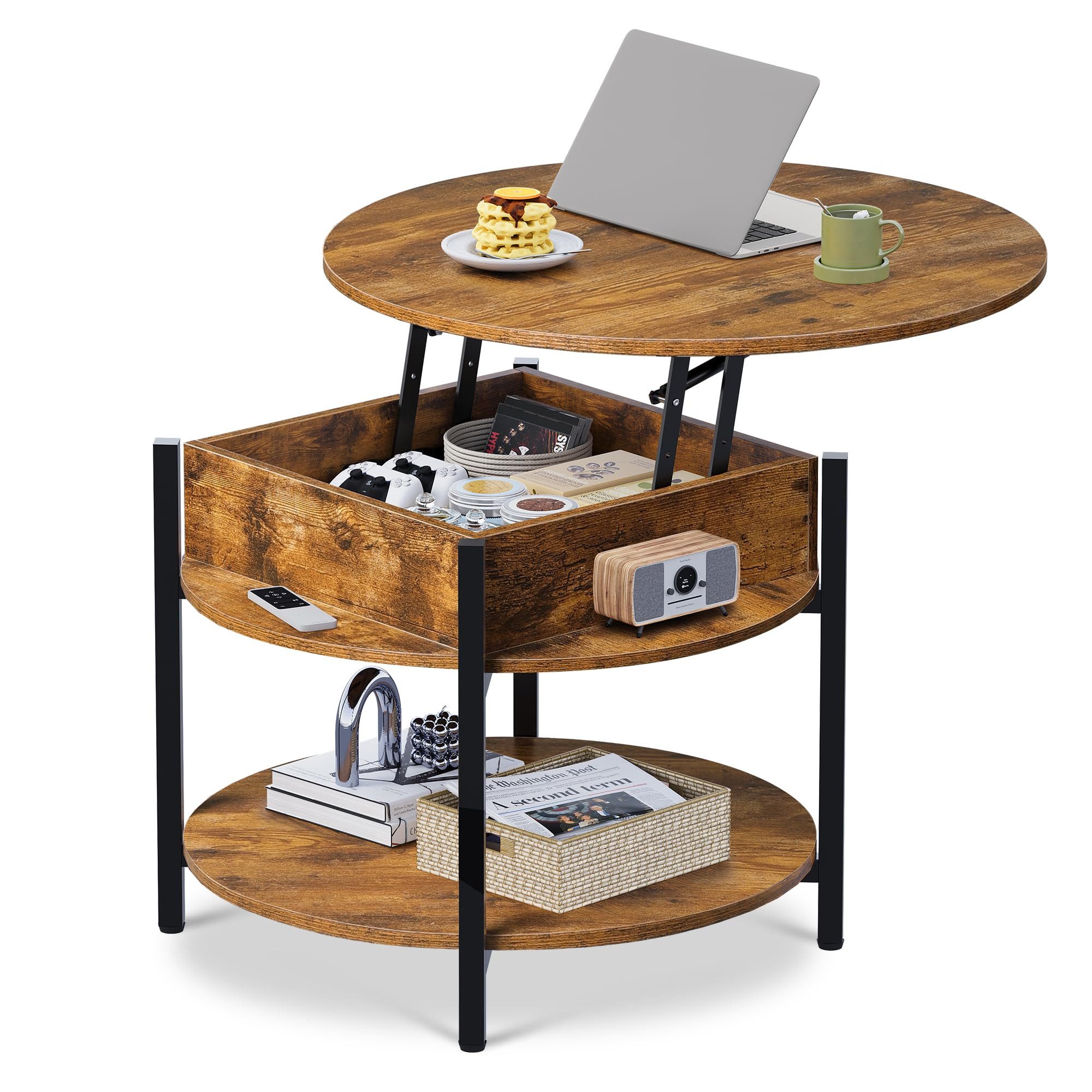 WLIVE Couchtisch Couchtisch Höhenverstellbarer Runder, 2-facher Stauraum & Ablage (Packung, 1 Tisch), Beistelltisch aus Holz & Metall, höhenverstellbar, 60 x 60 x 48-61 cm