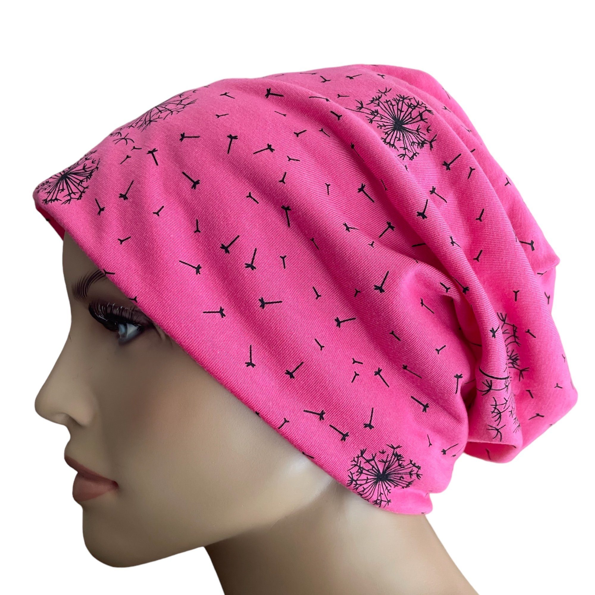 Taschen4life Beanie Slouch Longbeanie Mütze leichte Damen Beanie, Motiv Pusteblume, Sommermütze pink