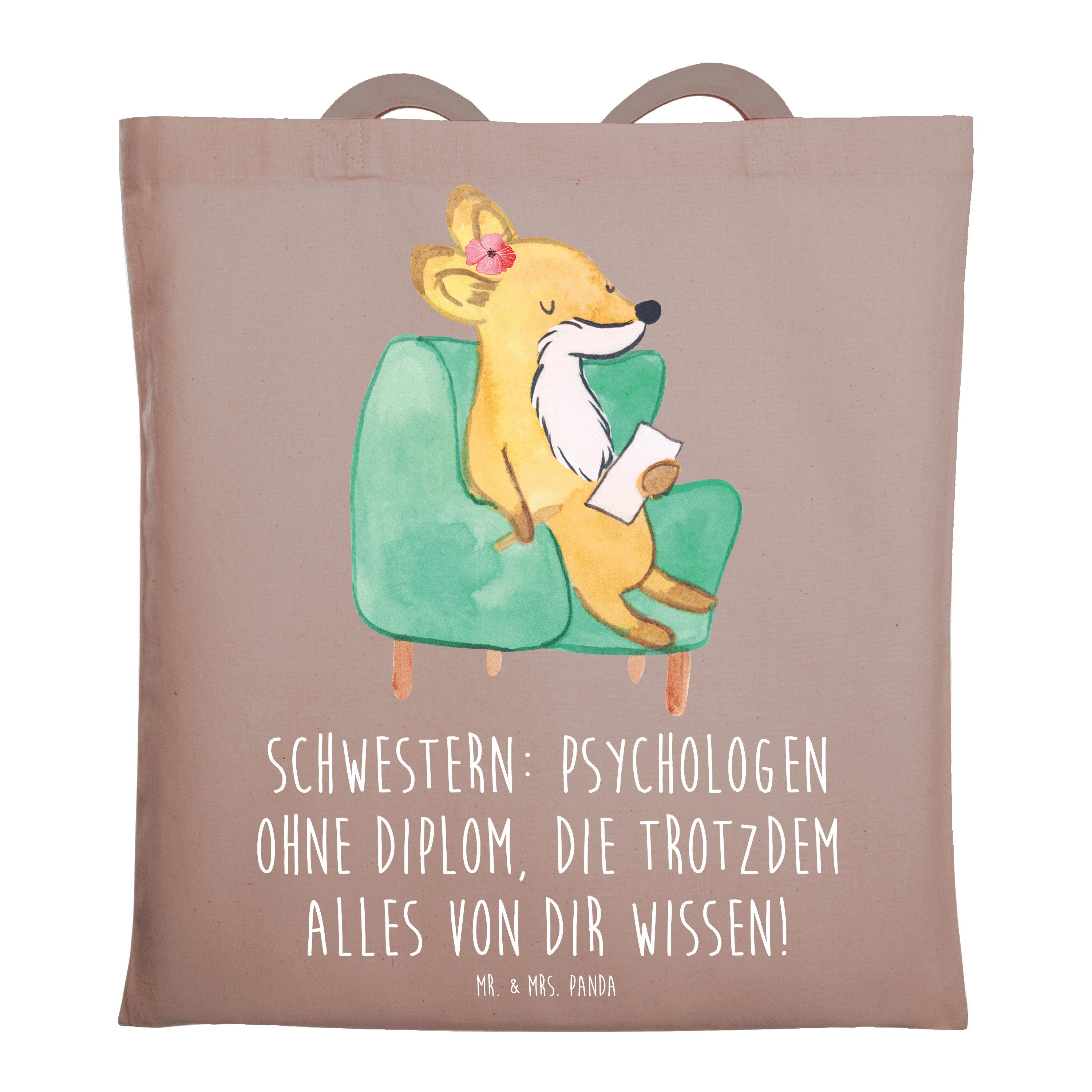 Mr. & Mrs. Panda Tragetasche Schwestern Psychologen, Tote Bag, Braun Pastell, Jutebeutel, Stoffbeu (Packung, Schwester Familie Verwandte), Jutebeutel umhängebeutel Jubiläen