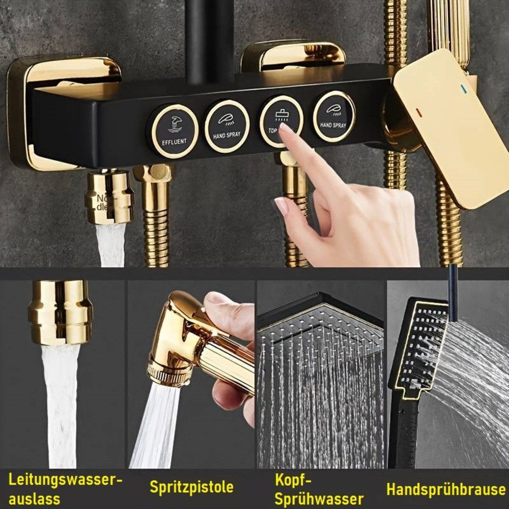 DENU-Home Duschsystem Brausegarnitur Schwarz Gold Thermostat-Mischbatterie für Badezimmer, 4 Strahlart(en), 4-Fach verstellbare Handbrause mit Antikalk-Noppen. – Bild 5 von 5
